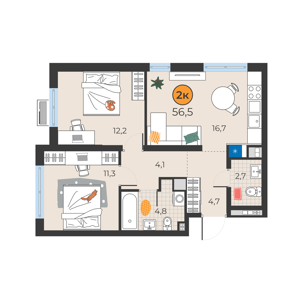 Планировка: Евротрешка 56.5 м² в ЖК Корней, Южный