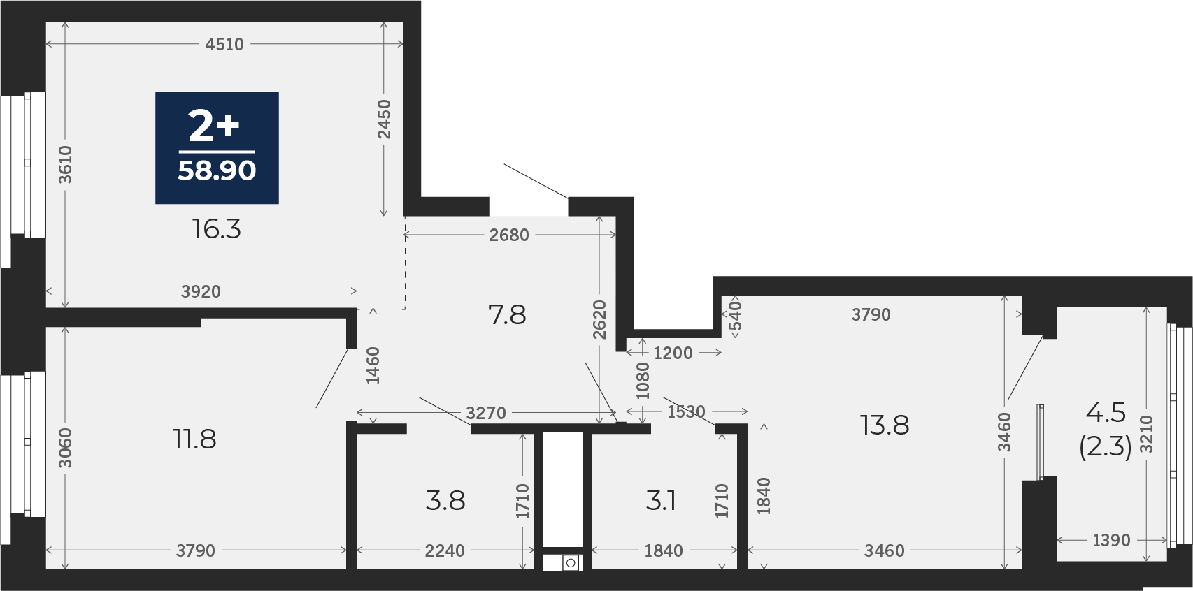 Планировка: Евротрешка 56.6 м² в ЖК Мириады, Мыс