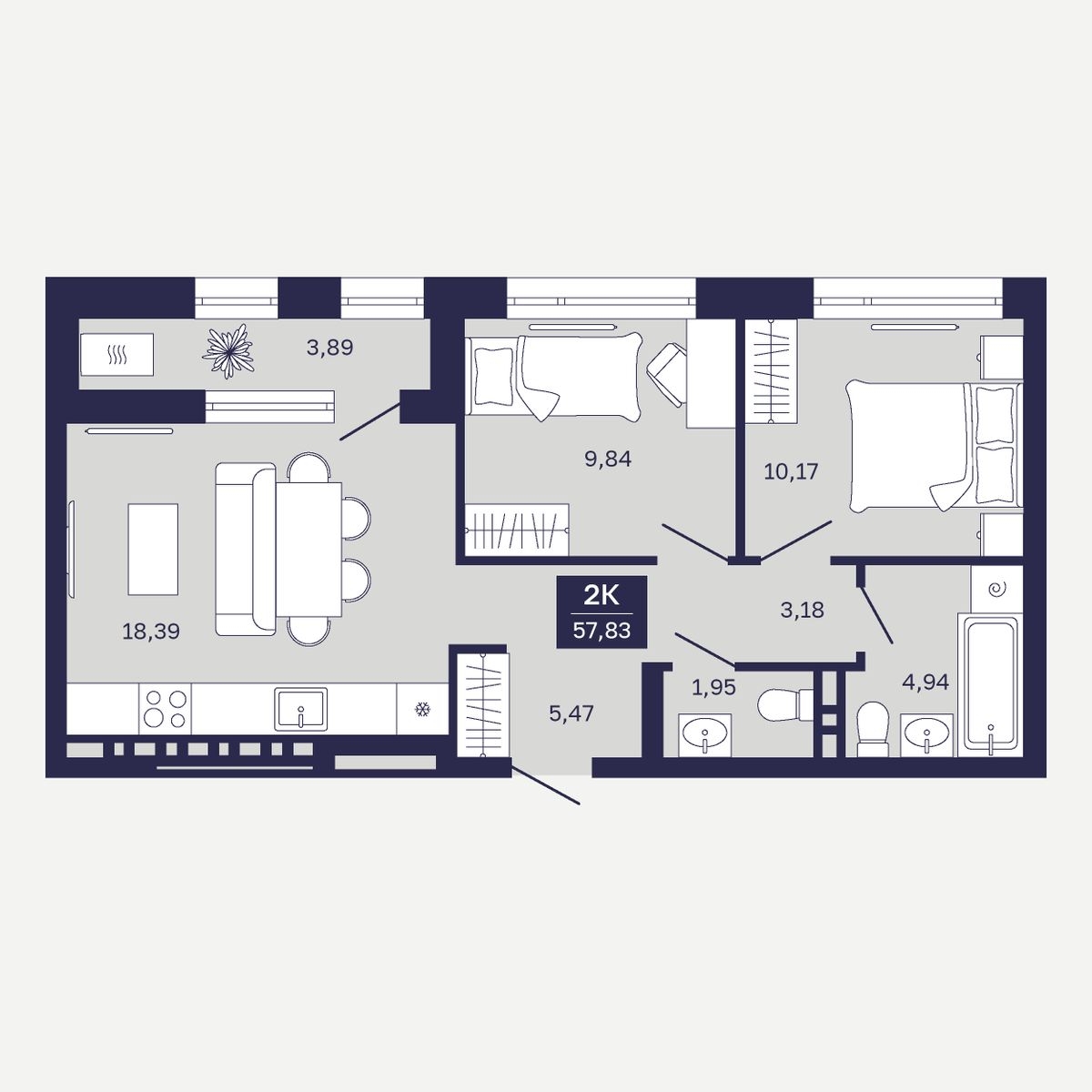 Планировка: Евротрешка 57.8 м² в ЖК Дом на Ямской, Дом Обороны