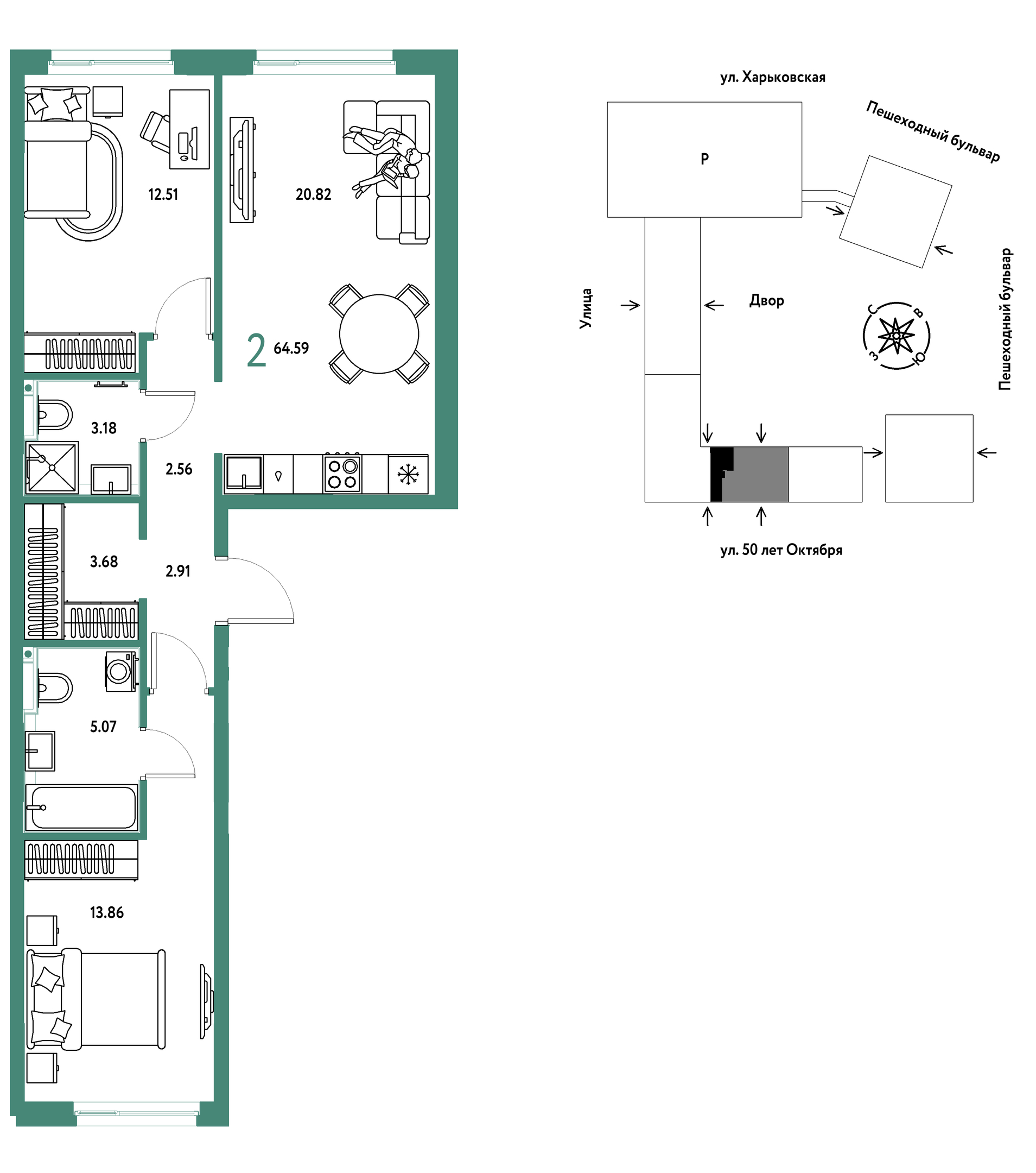 Планировка: Евротрешка 64.6 м² в ЖК Сердце Сибири, Центр: КПД