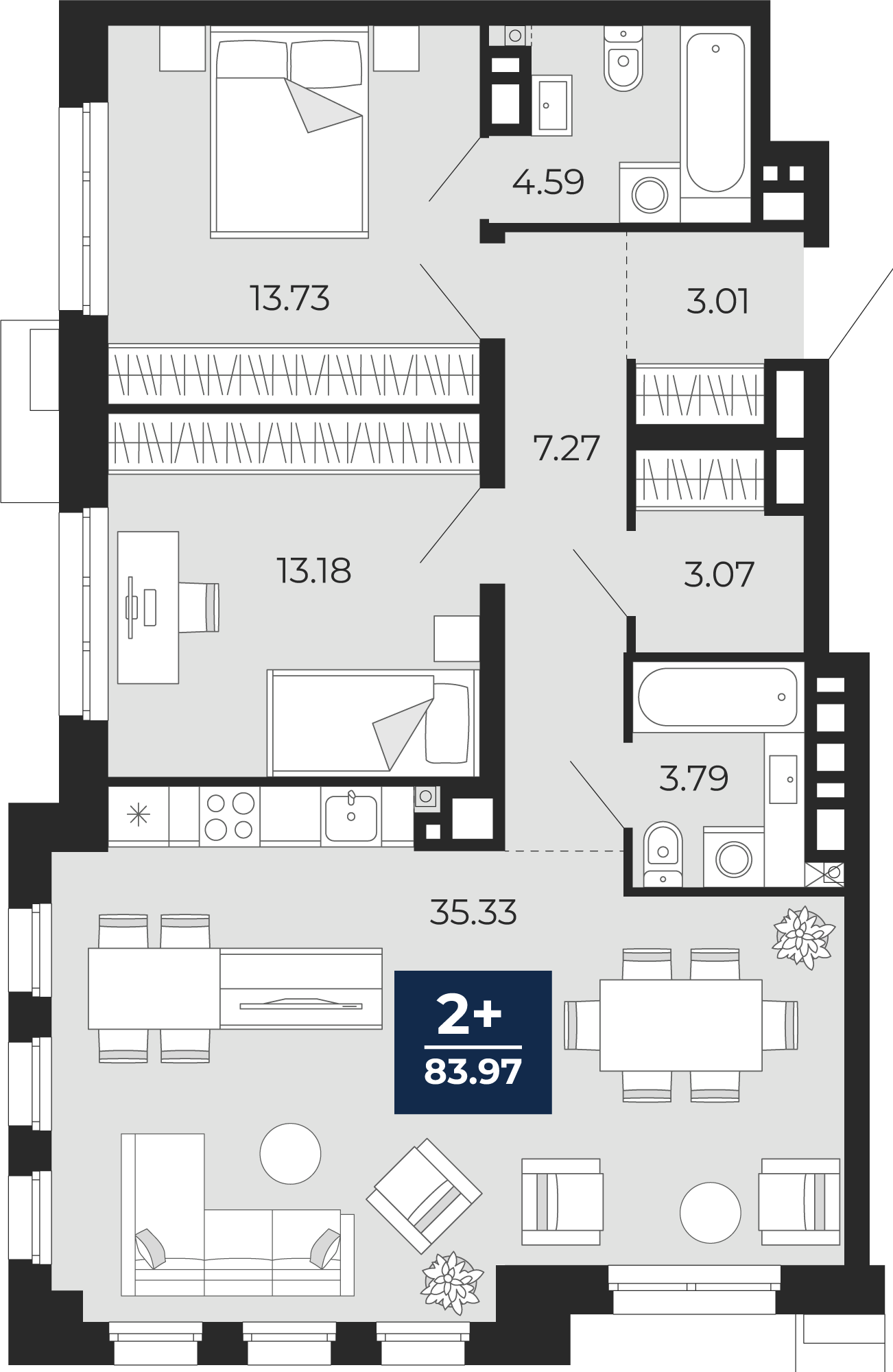 Планировка: Евротрешка 84 м² в ЖК Айвазовский, 5-й Заречный