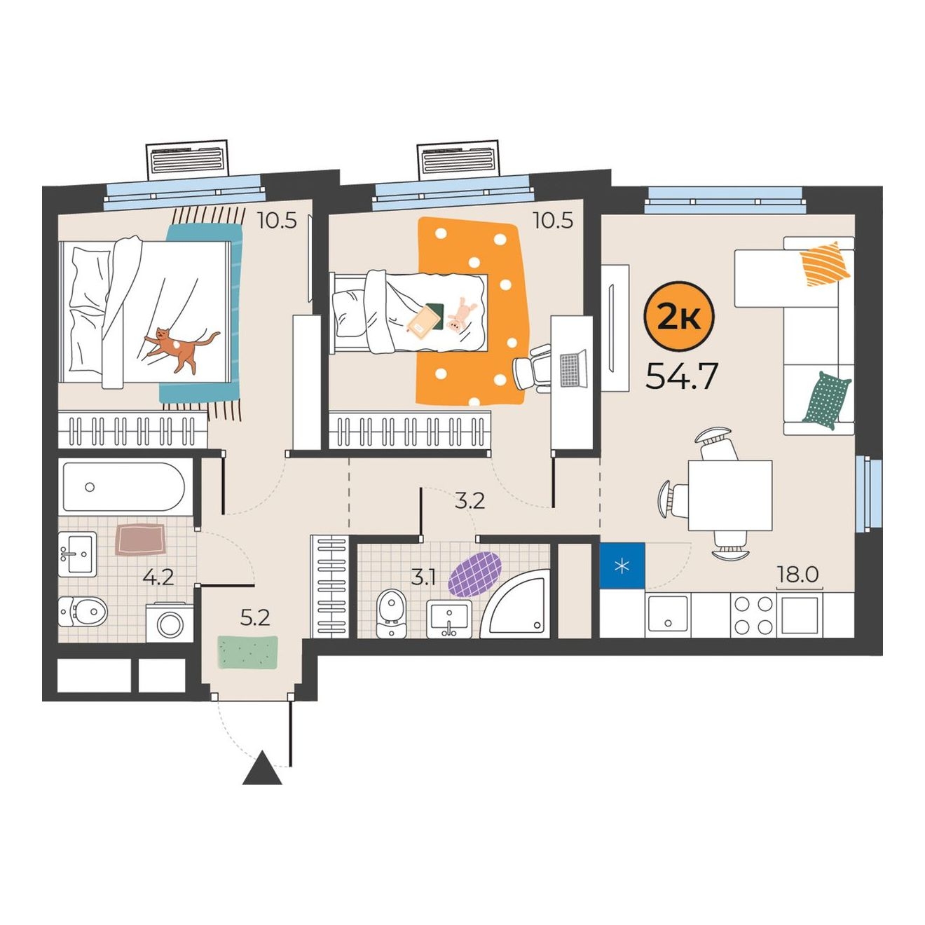 Планировка: Евротрешка 54.7 м² в ЖК Корней, Южный
