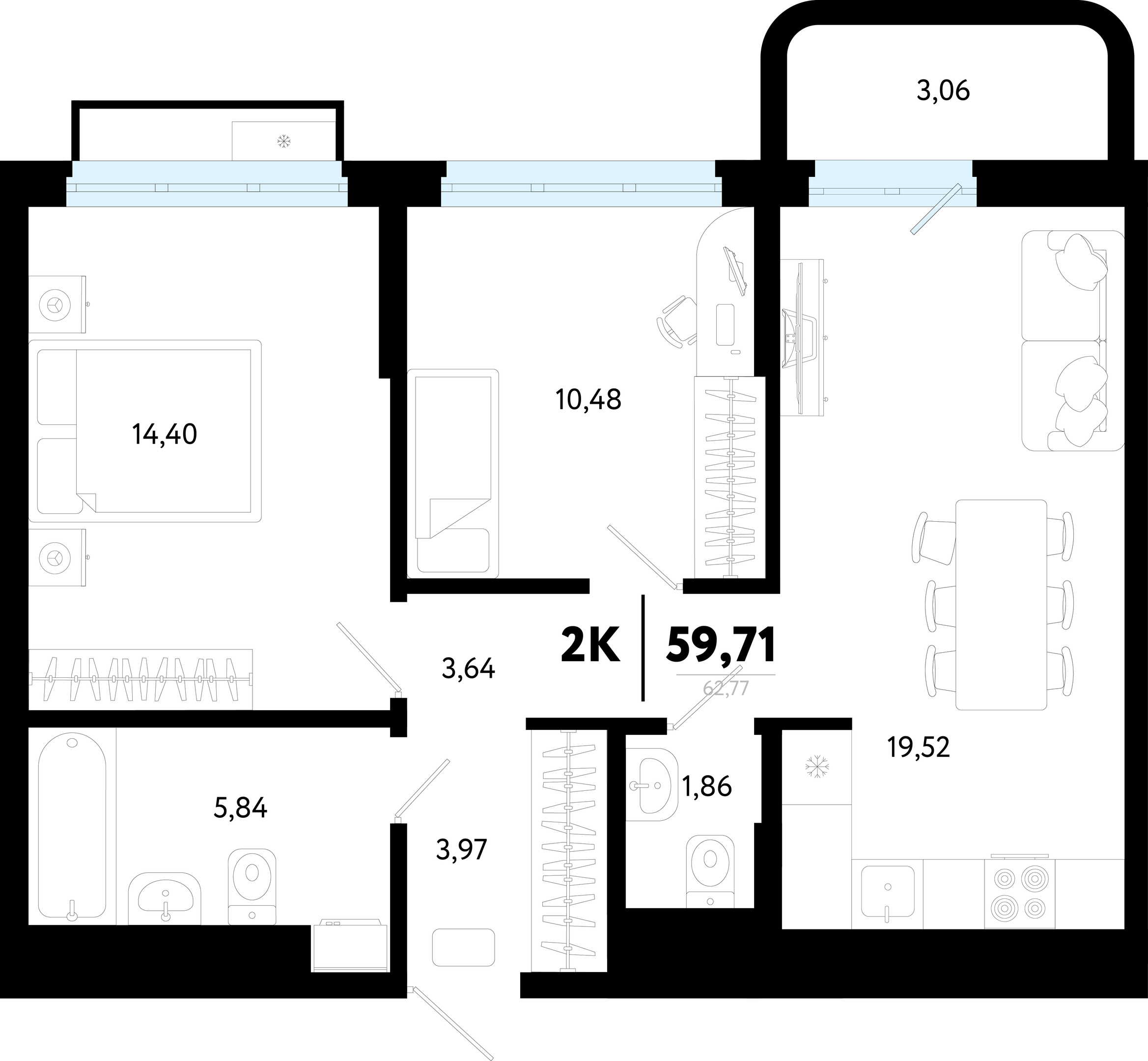 Планировка: Евротрешка 59.7 м² в ЖК Символ, Комарово Парк