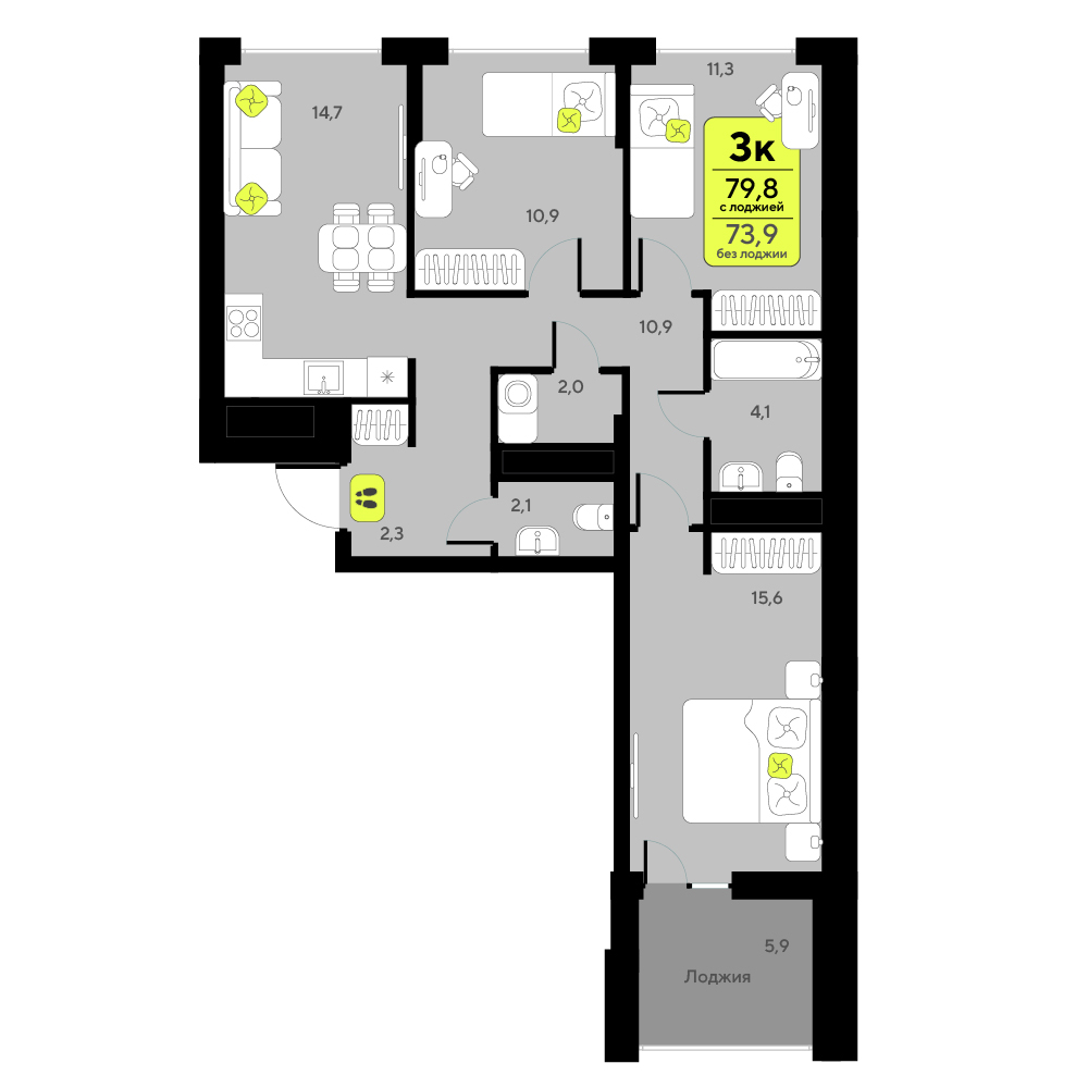 Планировка: 4-комнатная евро 79.8 м² в ЖК Мотивы, От Плеханова до Южного