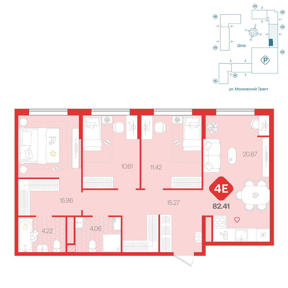 Планировка: 4-комнатная евро 82.4 м² в ЖК Сибирский, Московский тракт