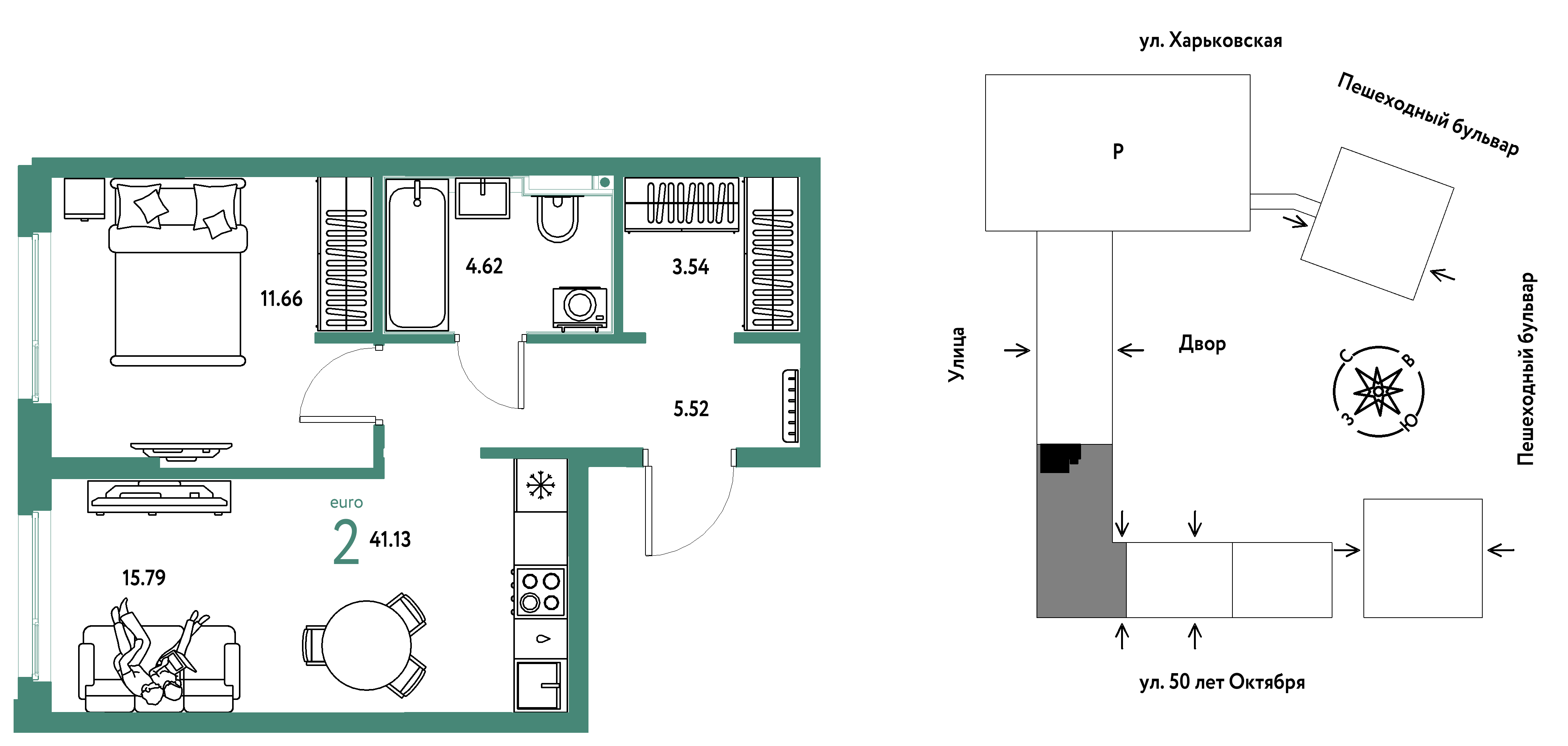 Планировка: Евродвушка 41.1 м² в ЖК Сердце Сибири, Центр: КПД