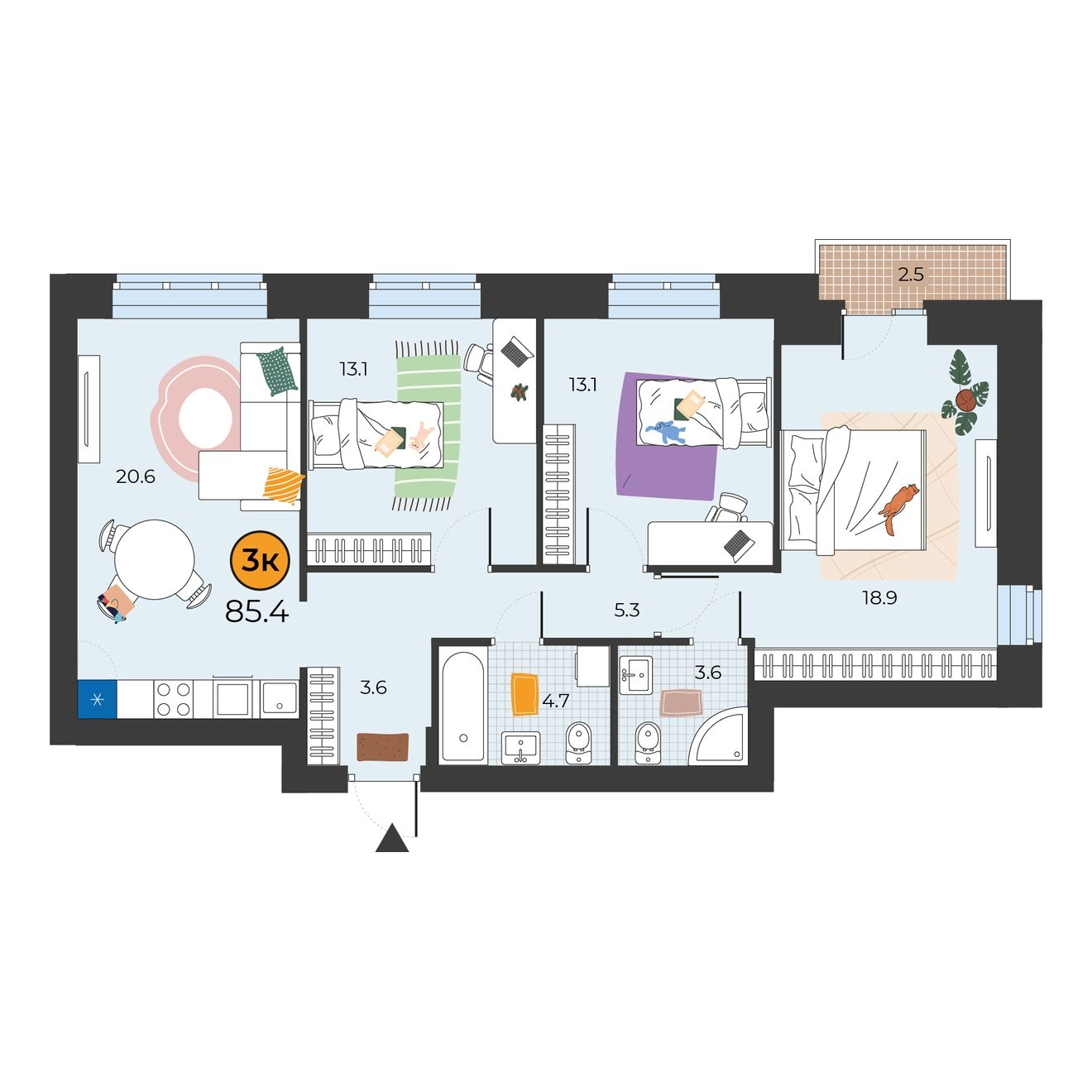 Планировка: 4-комнатная евро 85.4 м² в ЖК Корней, Южный