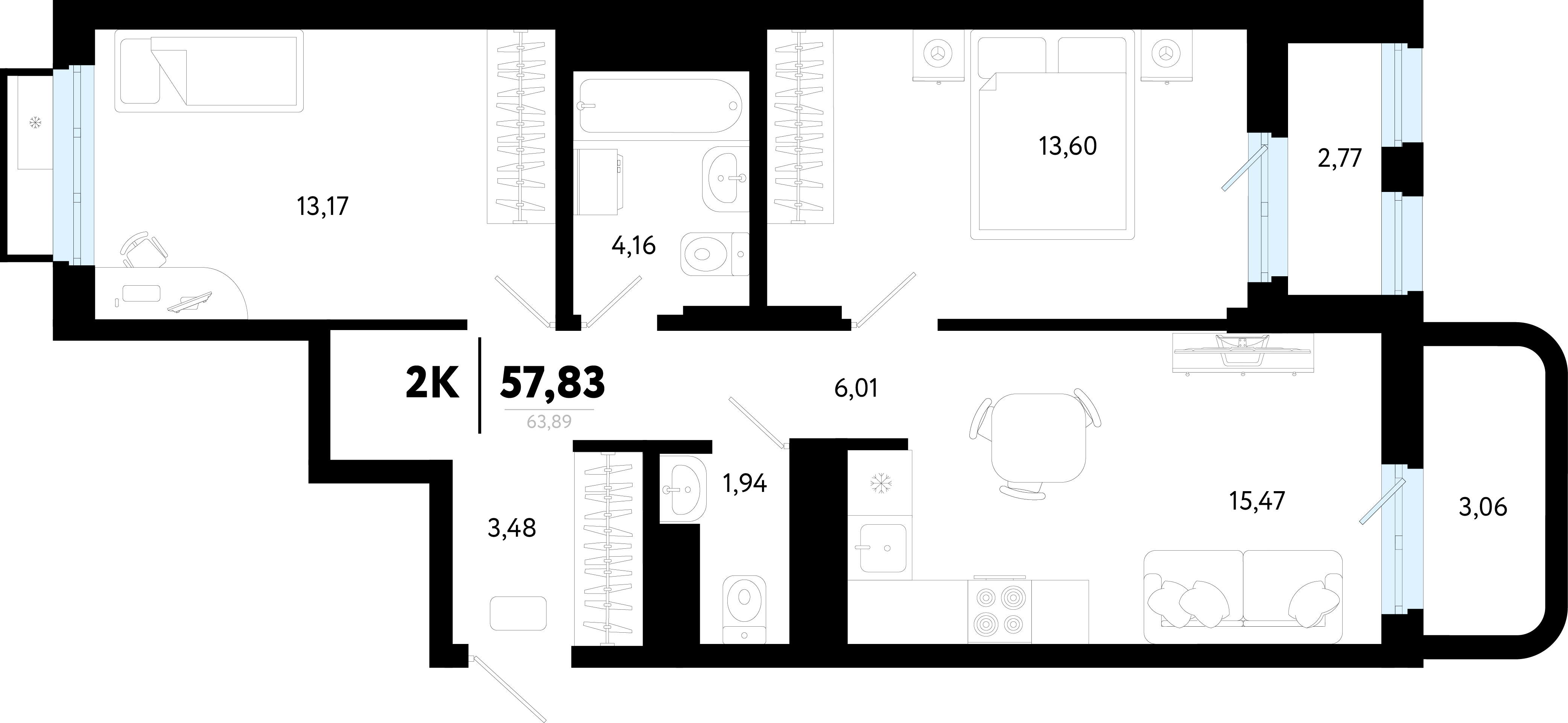 Планировка: Евротрешка 57.8 м² в ЖК Символ, Комарово Парк