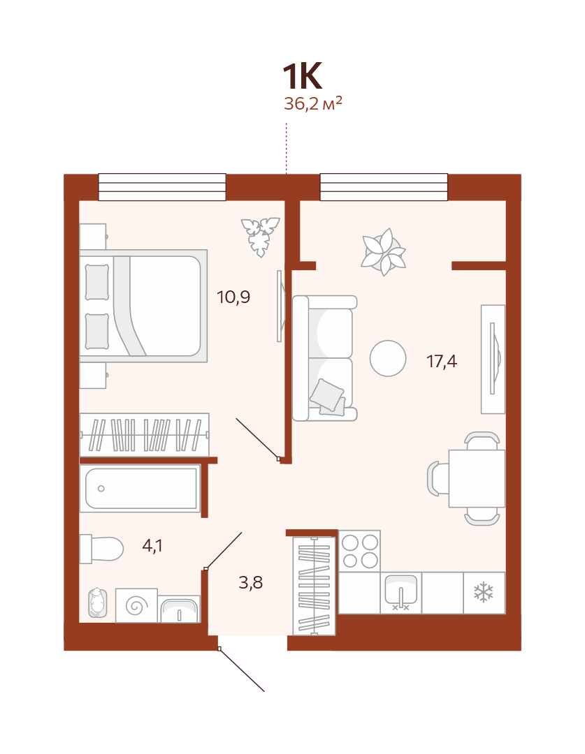 Планировка: Евродвушка 36.2 м² в ЖК Новатор, Центр: КПД