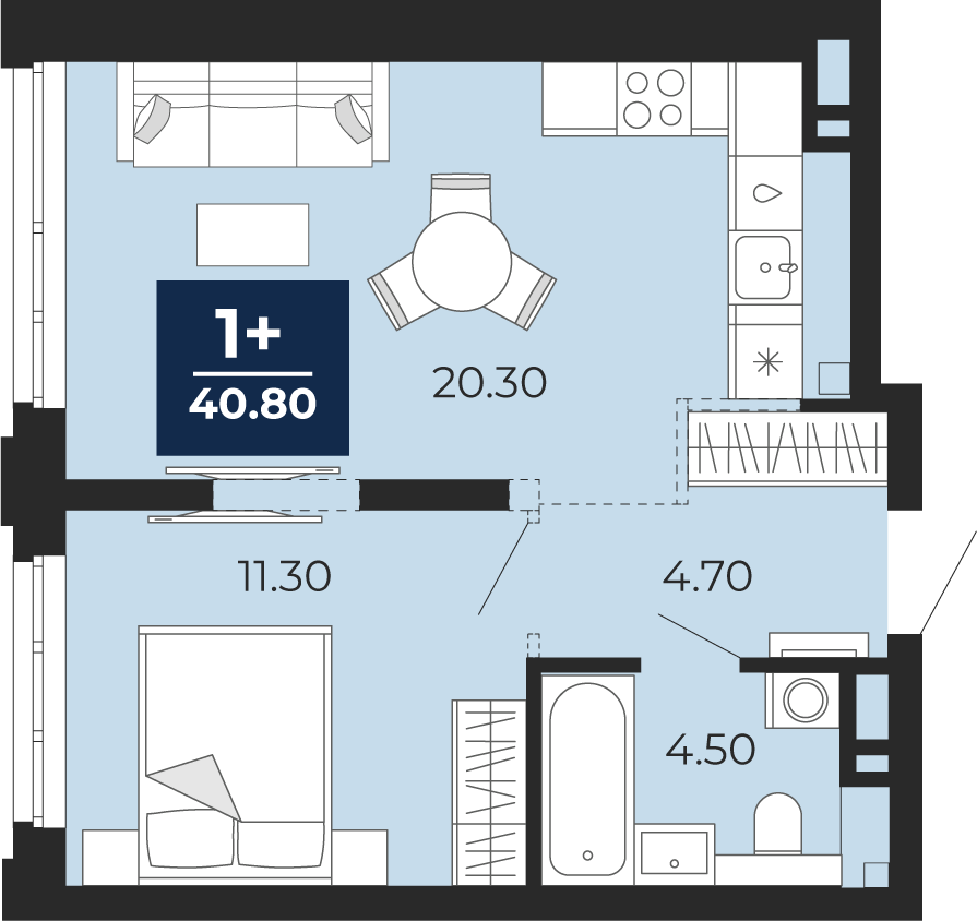 Планировка: Евродвушка 40.8 м² в ЖК Айвазовский, 5-й Заречный