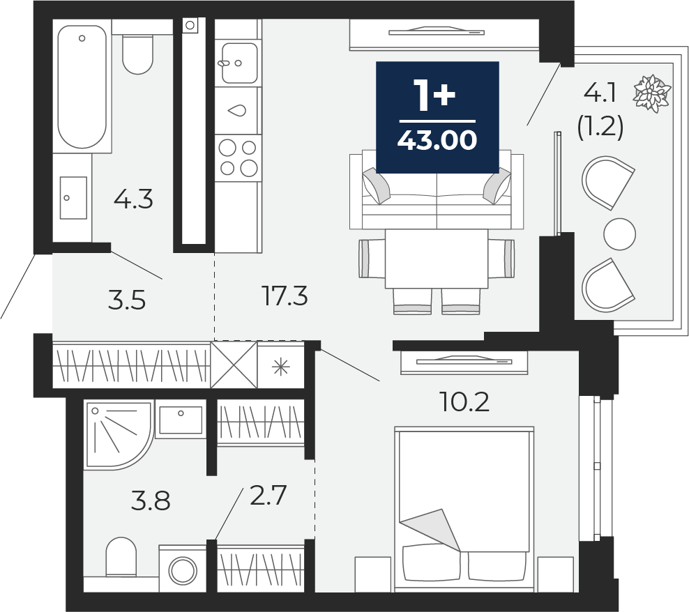Планировка: Евродвушка 41.8 м² в ЖК Мириады, Мыс