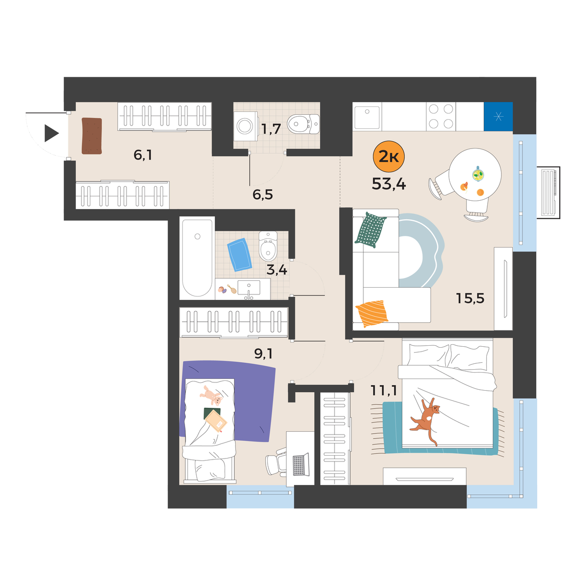 Планировка: Евротрешка 53.4 м² в ЖК Корней, Южный