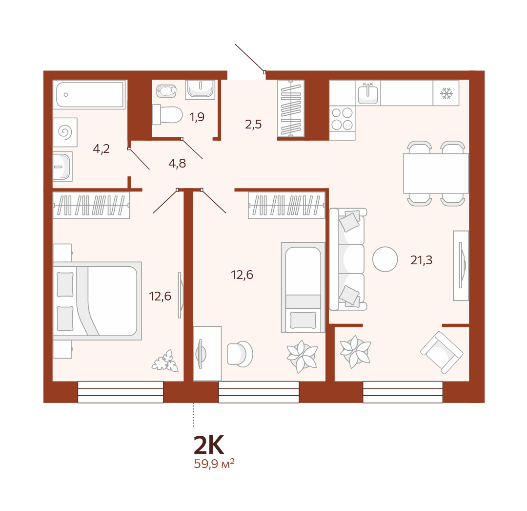Планировка: Евротрешка 59.9 м² в ЖК Новатор, Центр: КПД