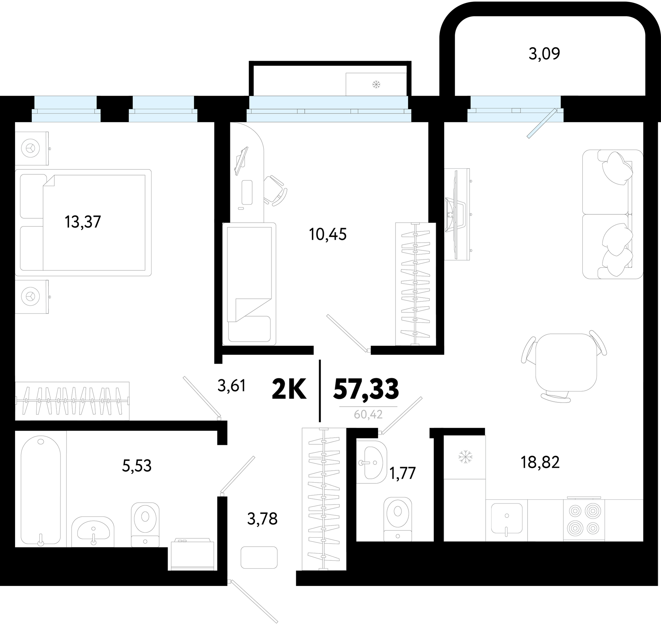 Планировка: Евротрешка 57.3 м² в ЖК Символ, Комарово Парк