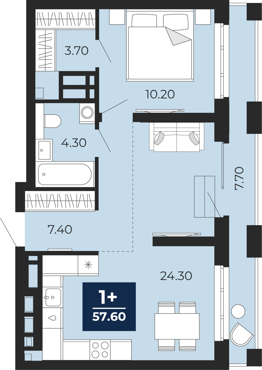 Планировка: Евродвушка 49.9 м² в ЖК Айвазовский, 5-й Заречный