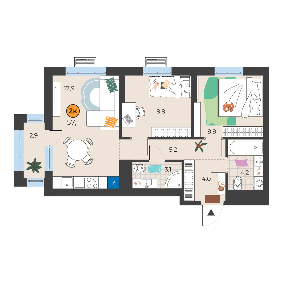 Планировка: Евротрешка 55.1 м² в ЖК Корней, Южный