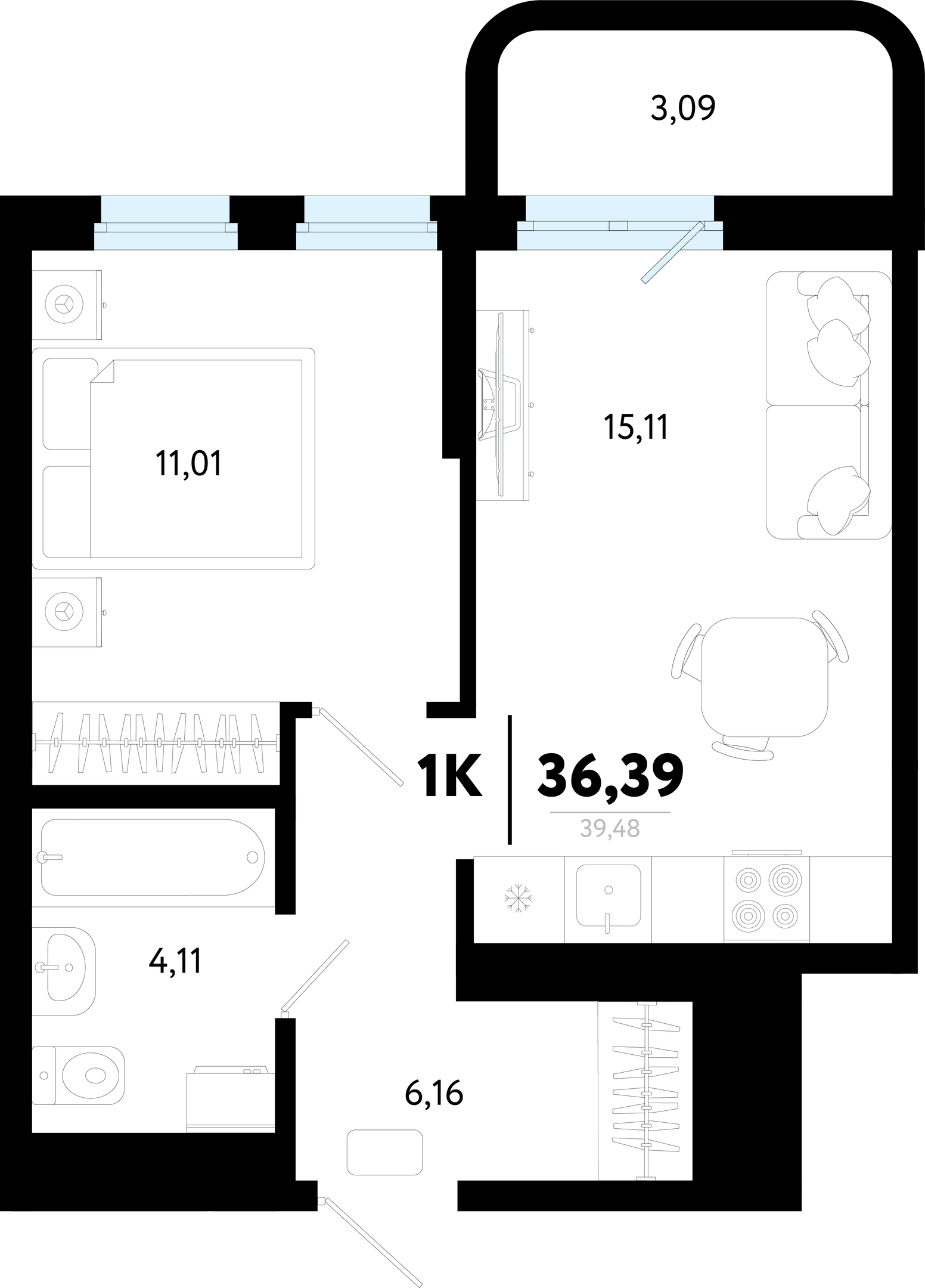 Планировка: Евродвушка 36.4 м² в ЖК Символ, Комарово Парк