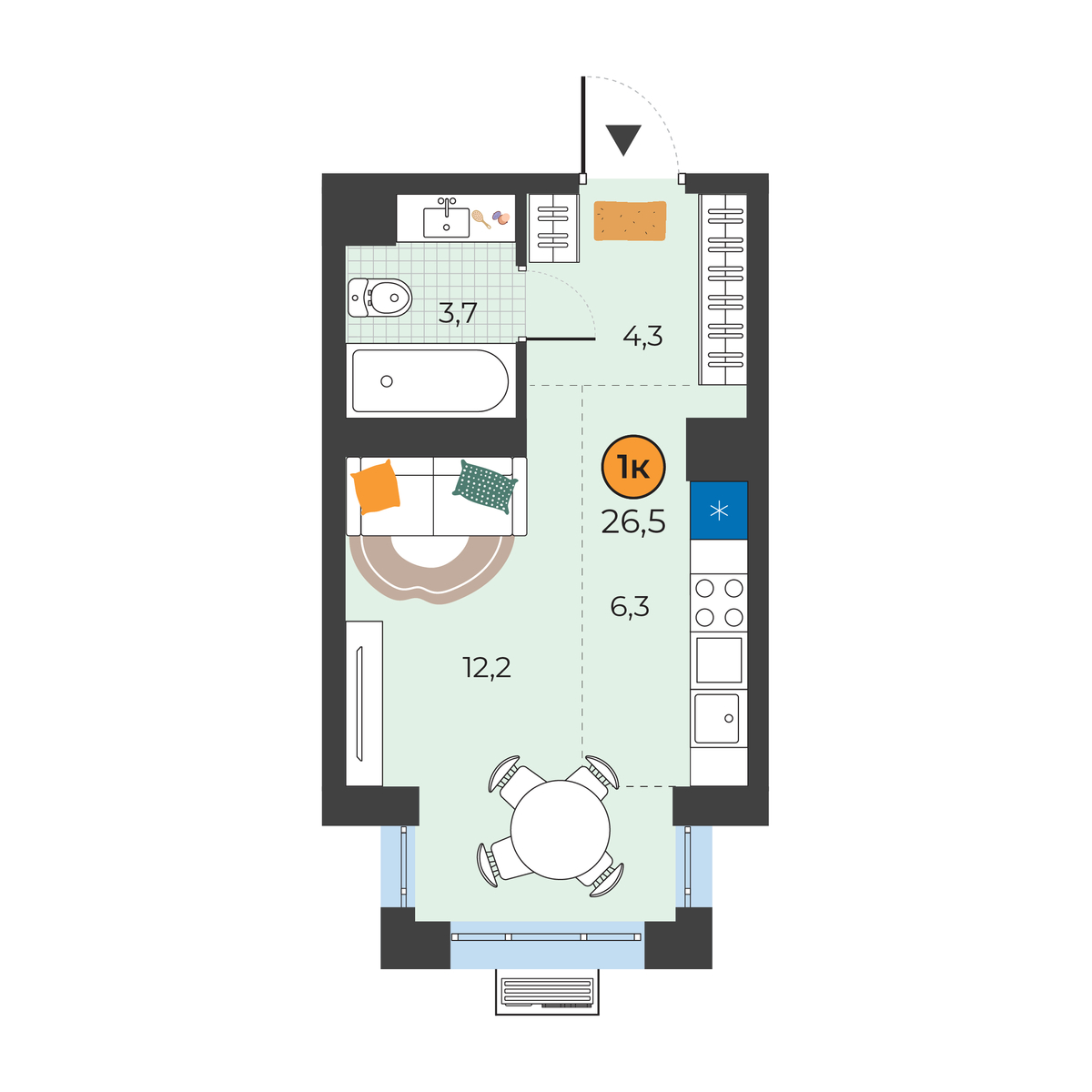 Планировка: Студия 26.5 м² в ЖК Корней, Южный