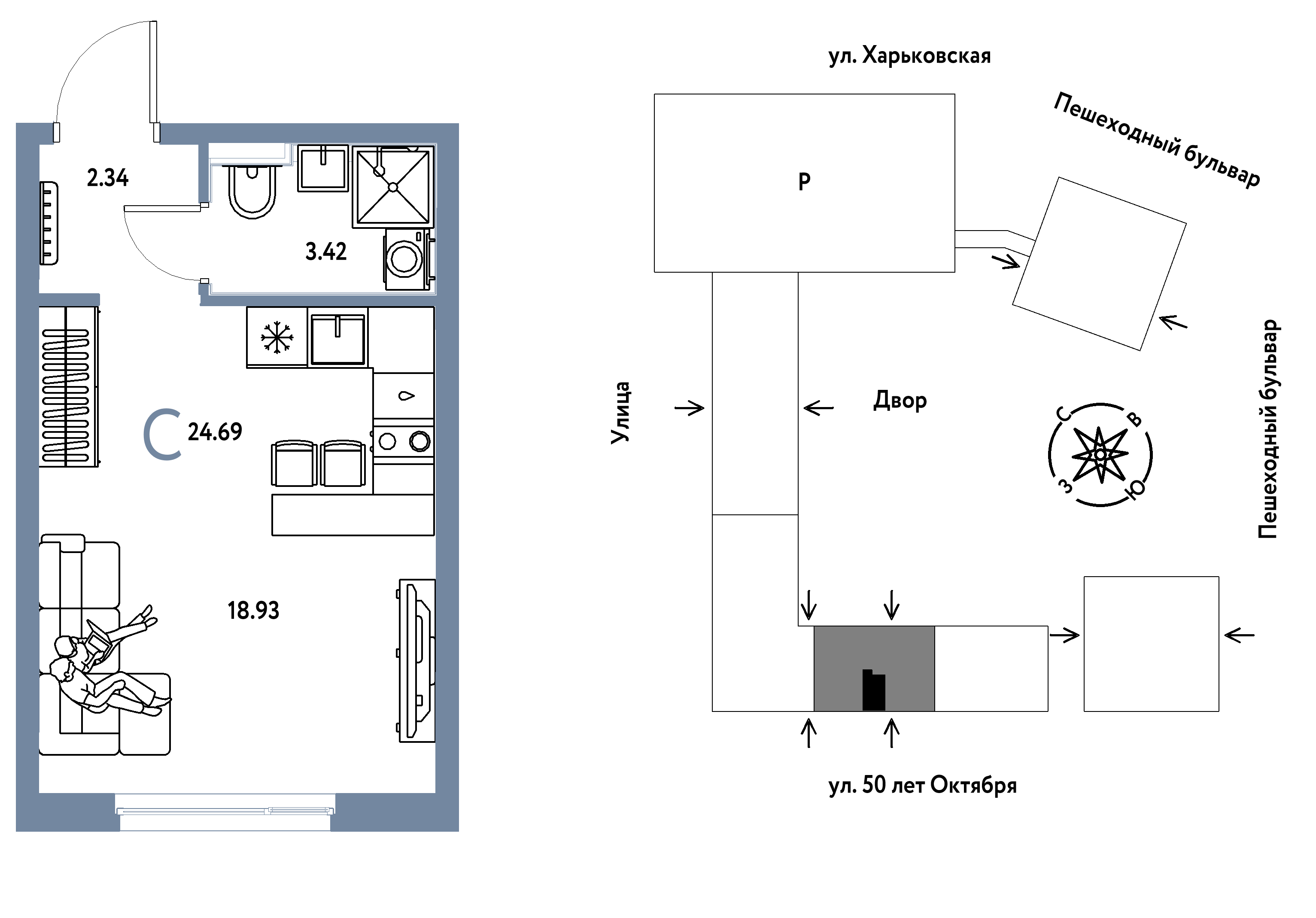 Планировка: Студия 24.7 м² в ЖК Сердце Сибири, Центр: КПД