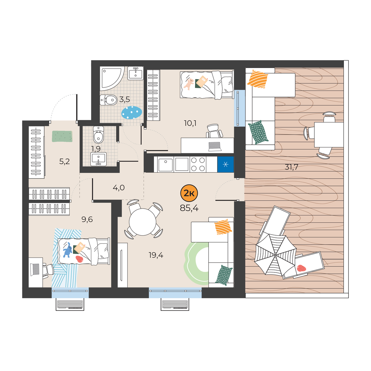 Планировка: Евротрешка 63.2 м² в ЖК Корней, Южный