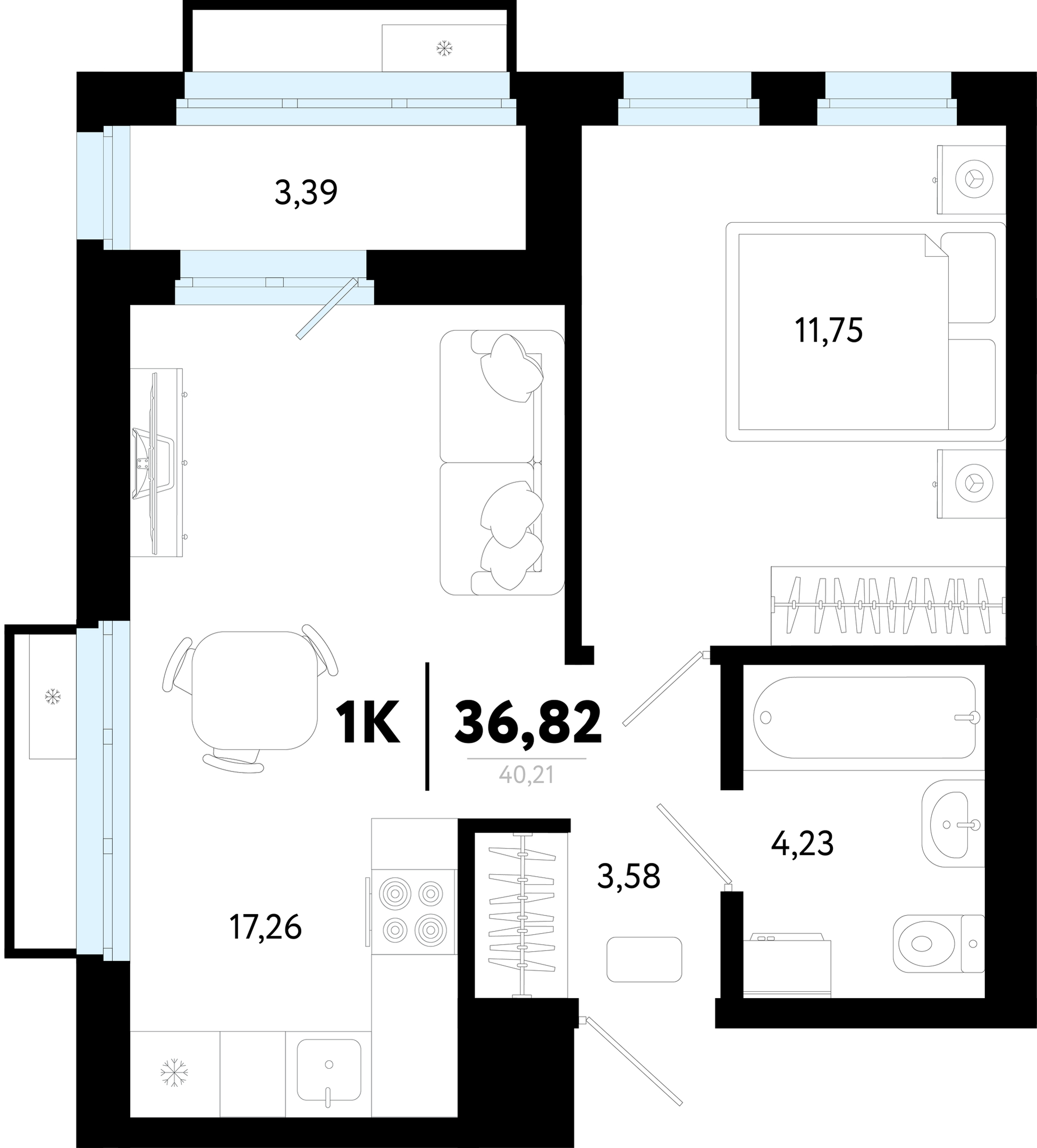 Планировка: Евродвушка 36.8 м² в ЖК Символ, Комарово Парк