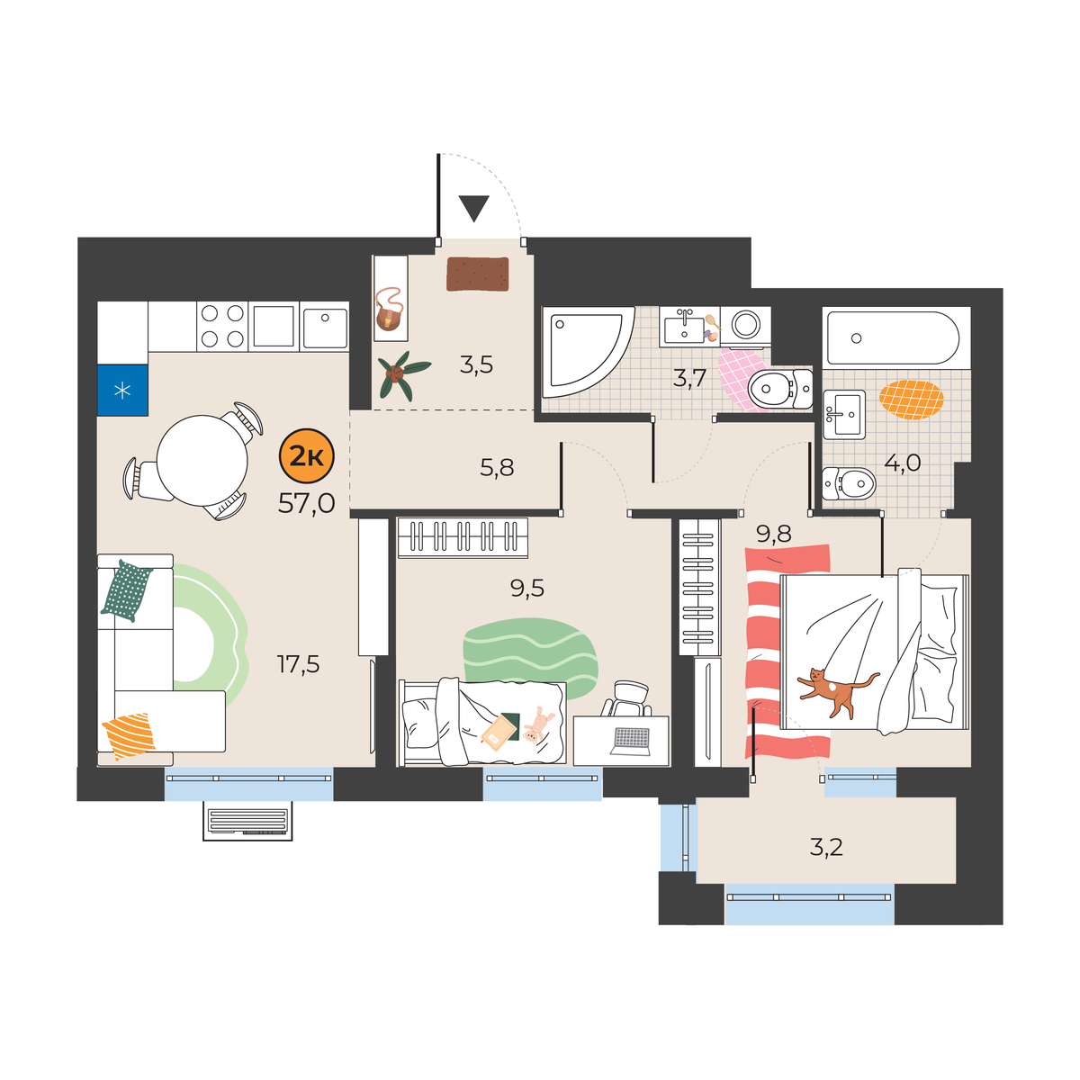 Планировка: Евротрешка 54.8 м² в ЖК Корней, Южный