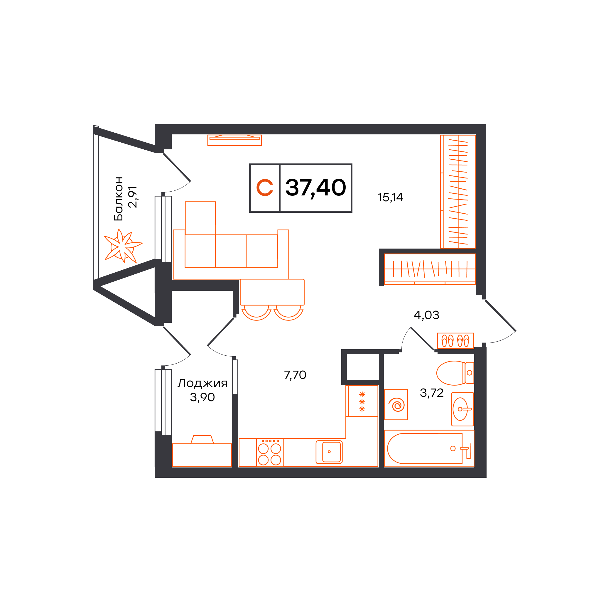 Планировка: Студия 37.4 м² в ЖК Отличие, Комарово Парк