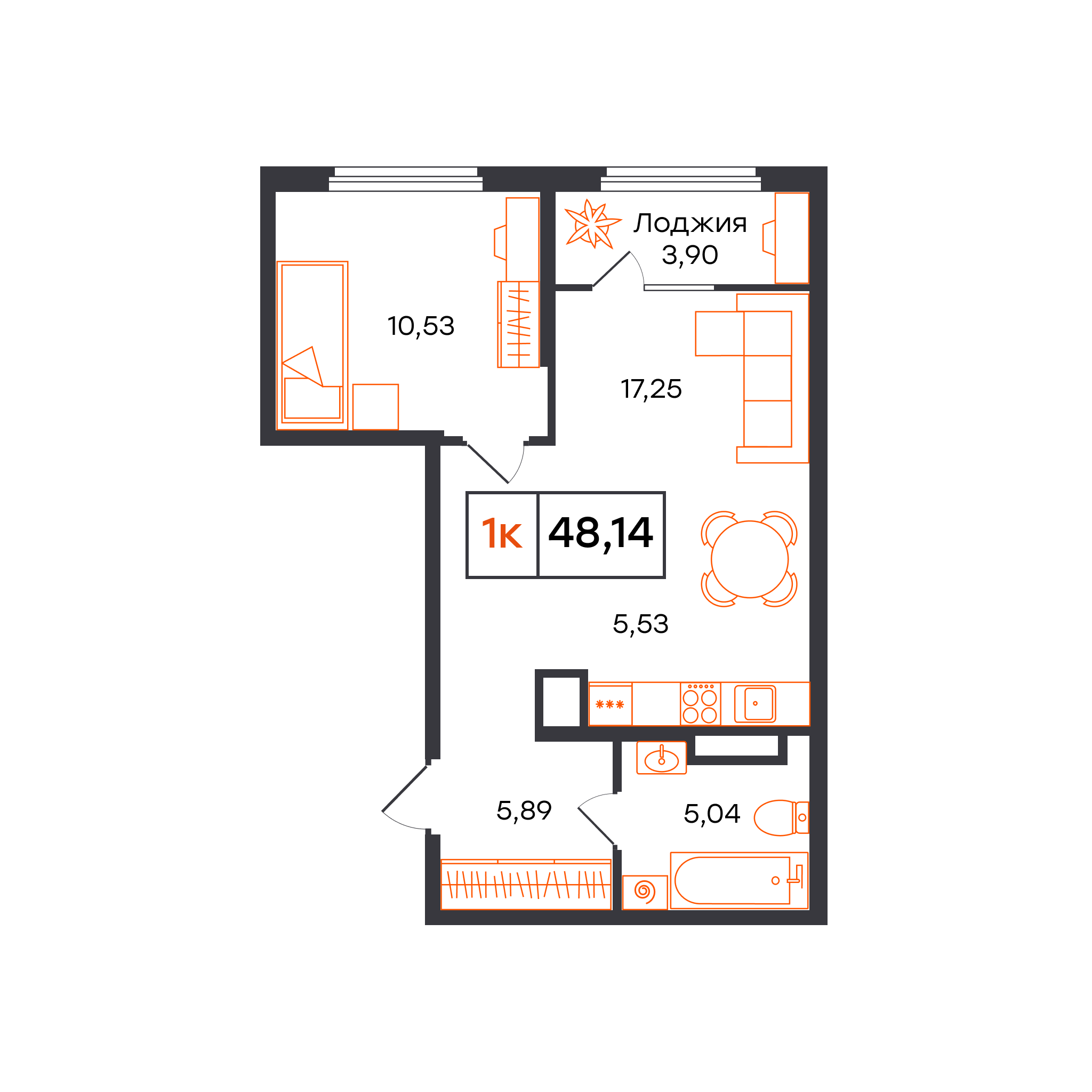 Планировка: Евродвушка 48.1 м² в ЖК Отличие, Комарово Парк