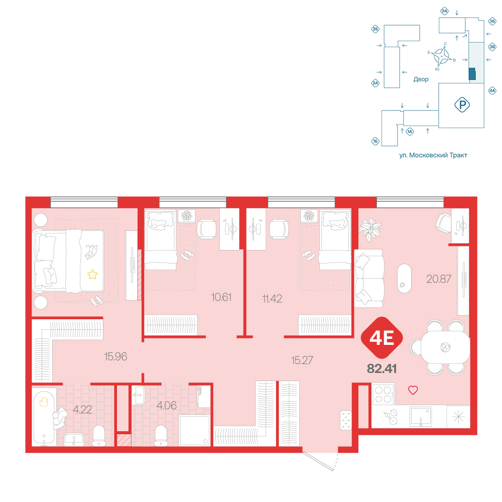 Планировка: 4-комнатная евро 82.4 м² в ЖК Сибирский, Московский тракт