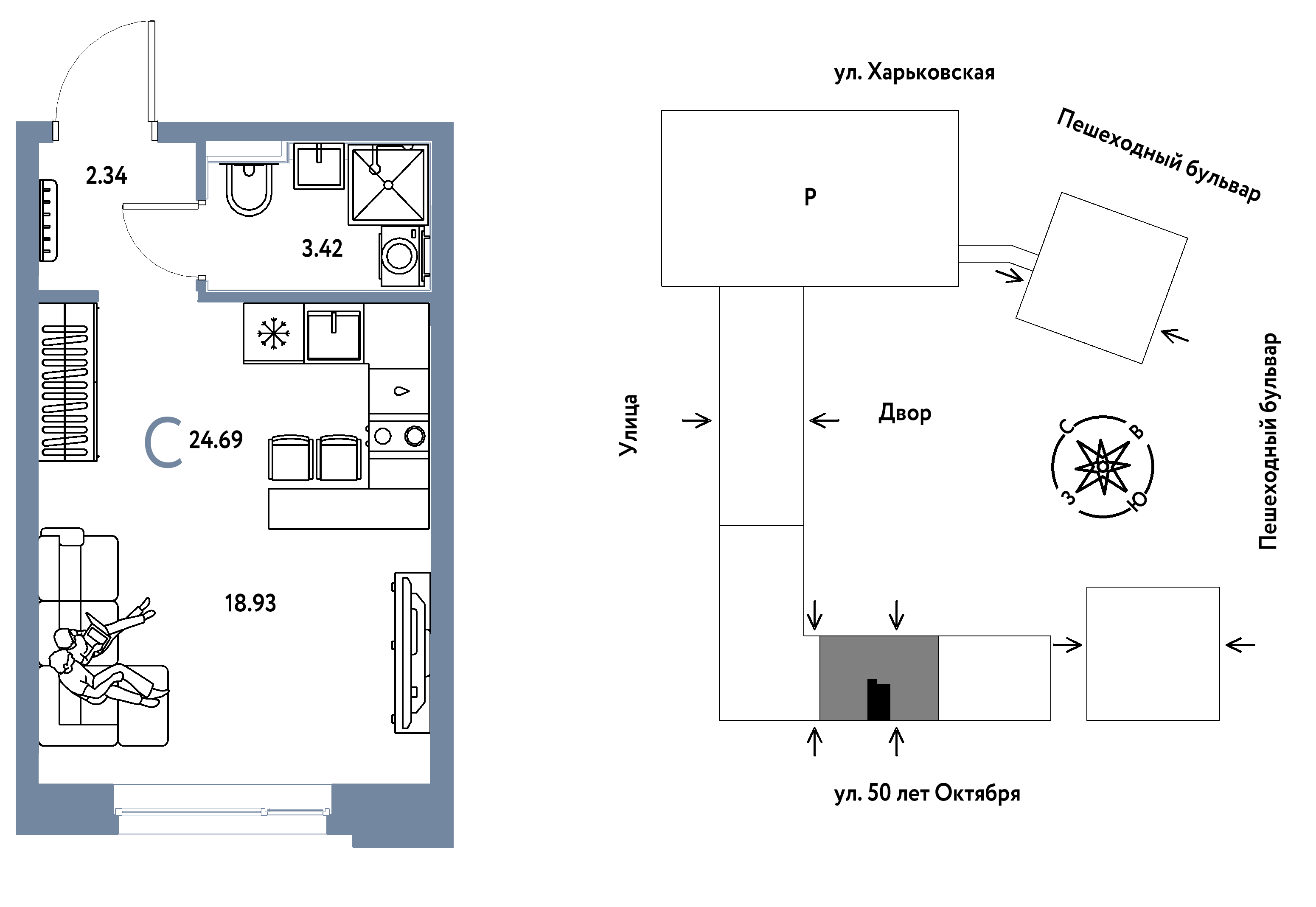 Планировка: Студия 24.7 м² в ЖК Сердце Сибири, Центр: КПД