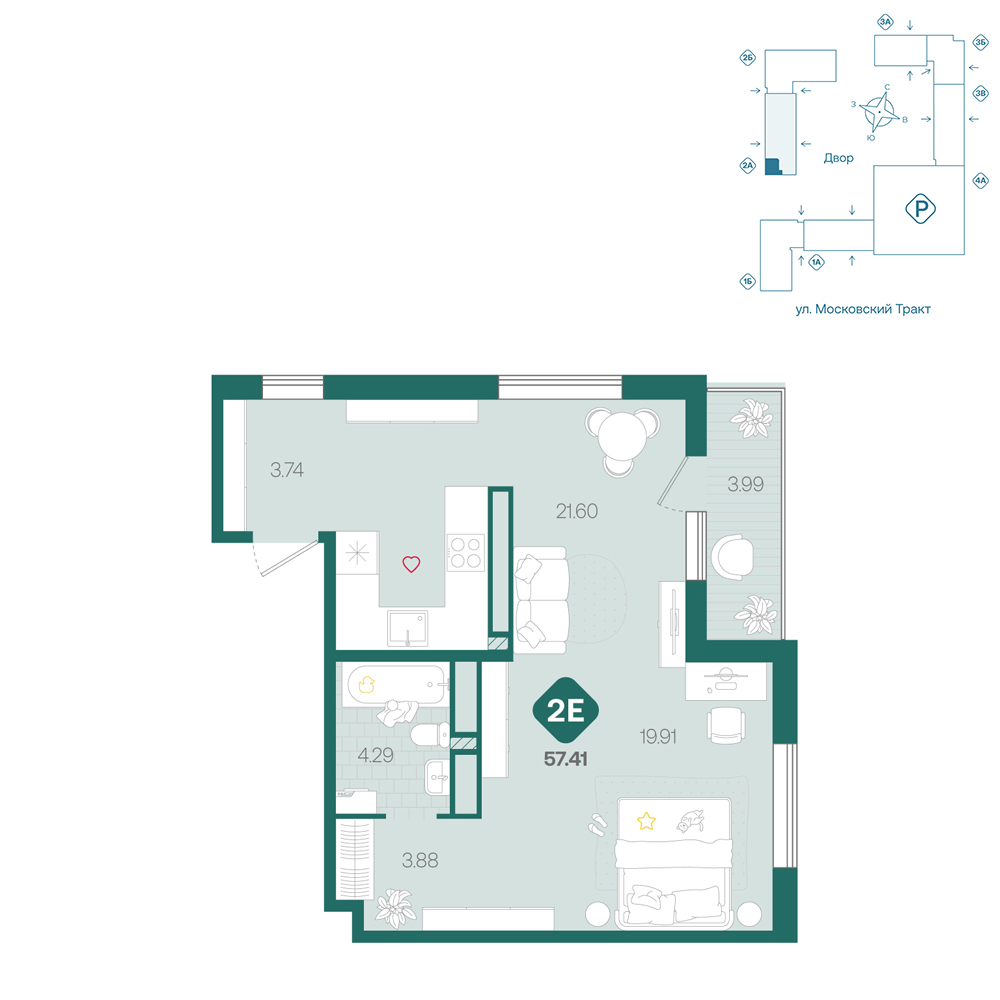 Планировка: Студия 57.4 м² в ЖК Сибирский, Московский тракт