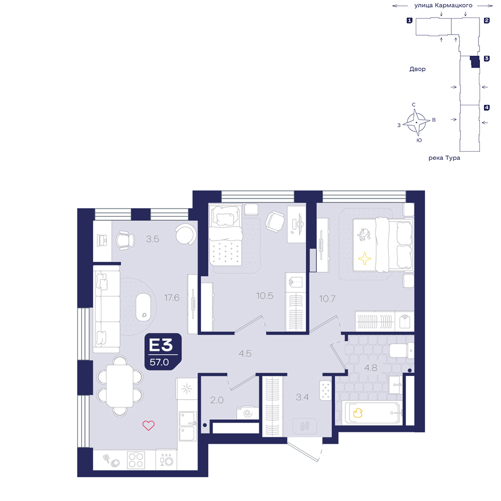 Планировка: Евротрешка 57 м² в ЖК Космо, 5-й Заречный