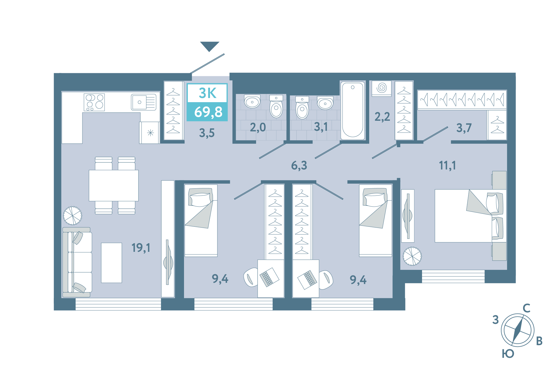 Планировка: 4-комнатная евро 69.8 м² в ЖК AIRIS, Комарово Парк