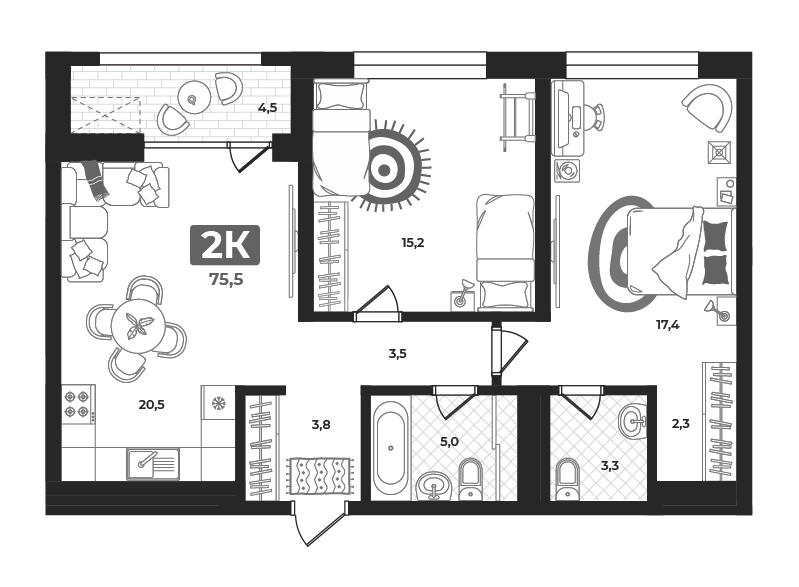 Планировка: Евротрешка 75 м² в ЖК Маэстро, 5-й Заречный