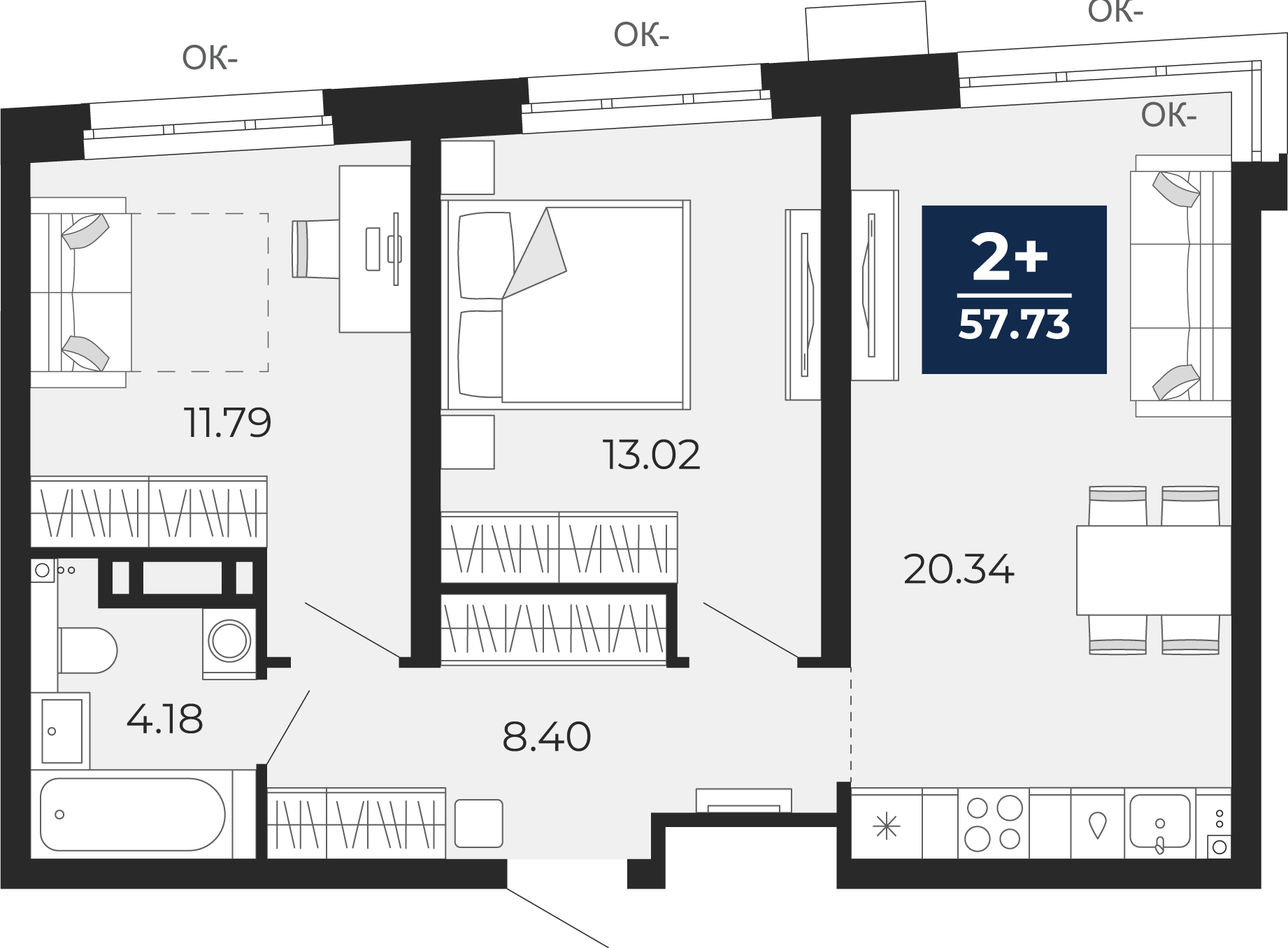Планировка: Евротрешка 57.7 м² в ЖК Прео, Тюменская слобода