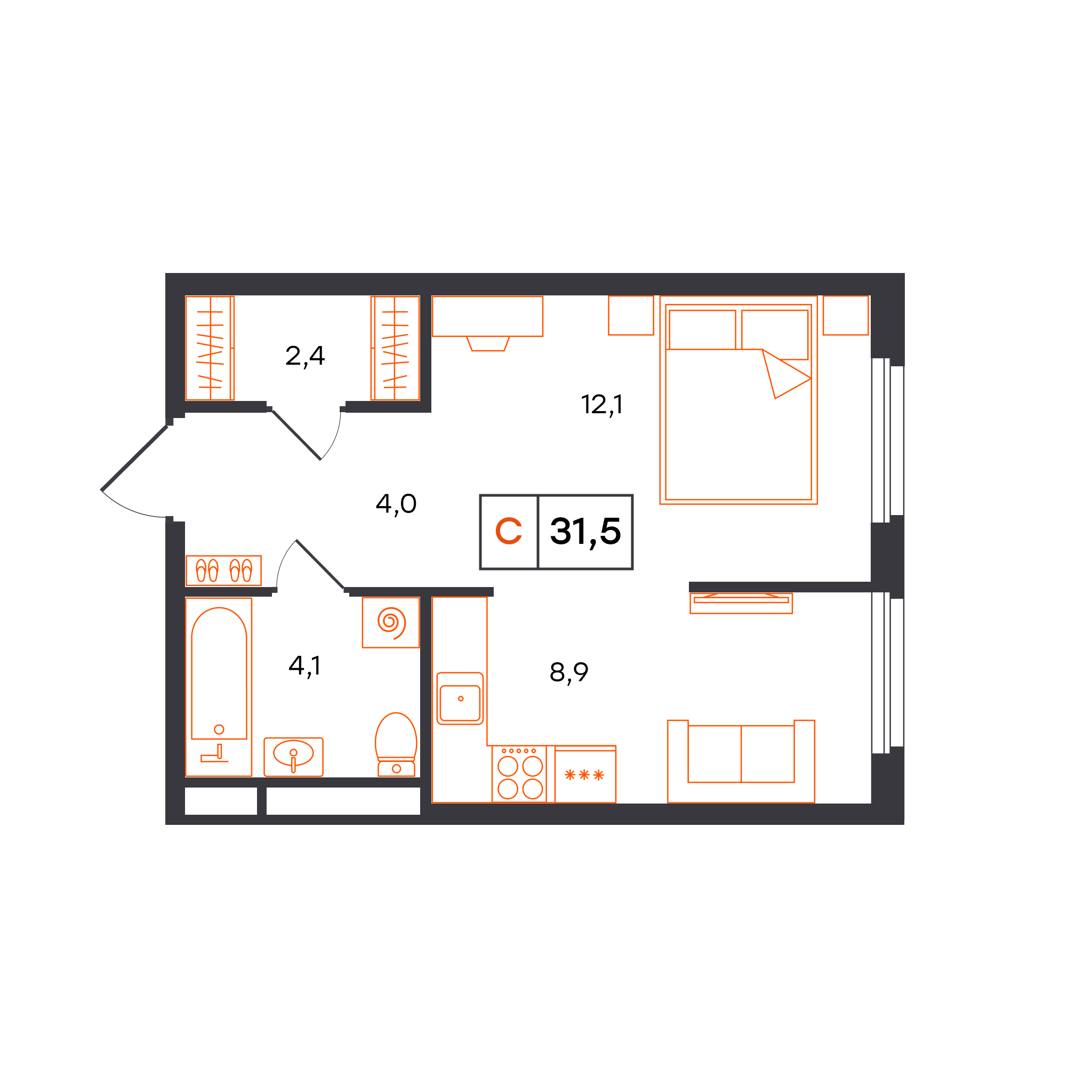 Планировка: Студия 31.5 м² в ЖК Отличие, Комарово Парк