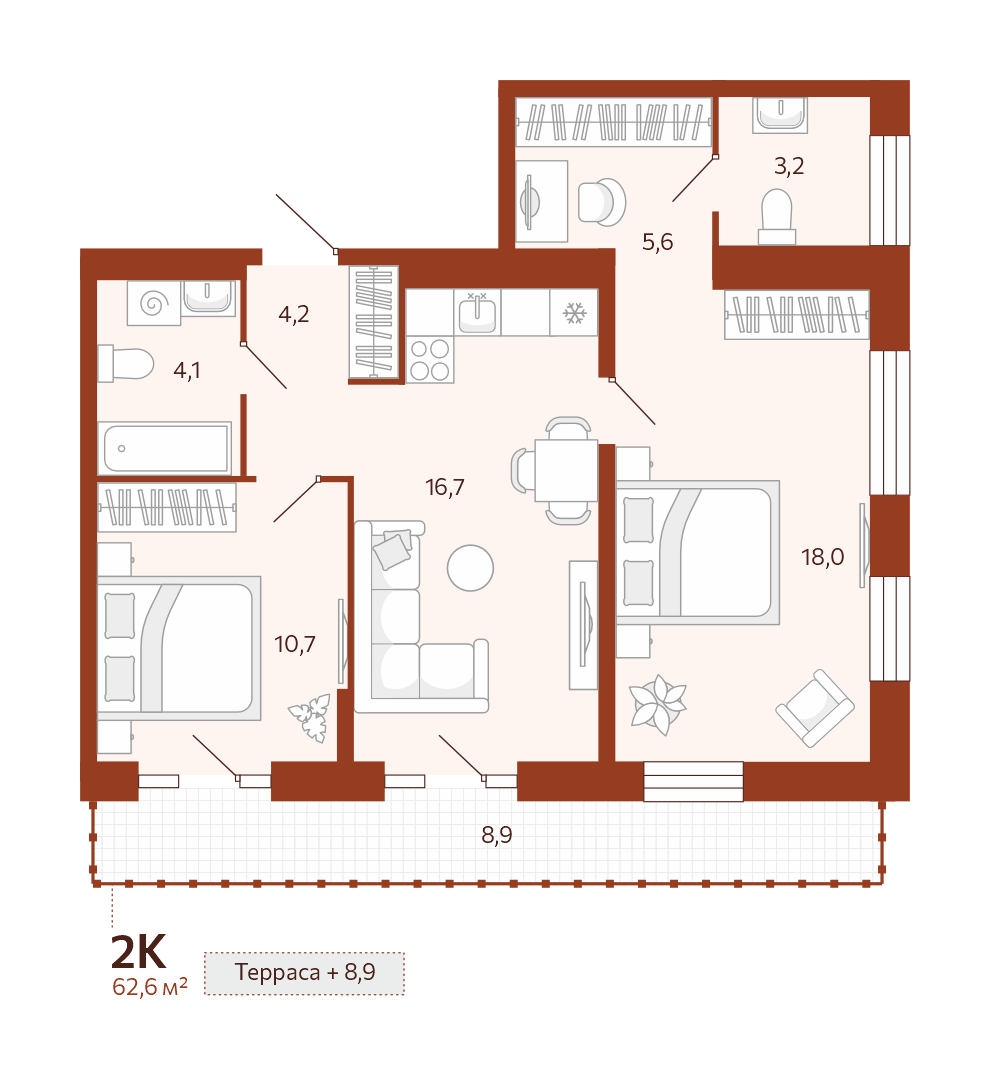 Планировка: Евротрешка 62.6 м² в ЖК Новатор, Центр: КПД