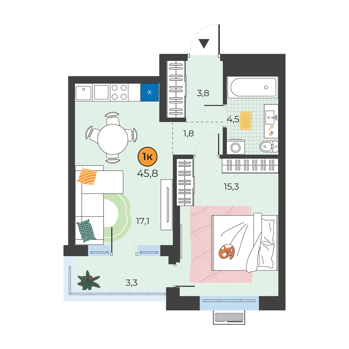 Планировка: Евродвушка 43.5 м² в ЖК Корней, Южный