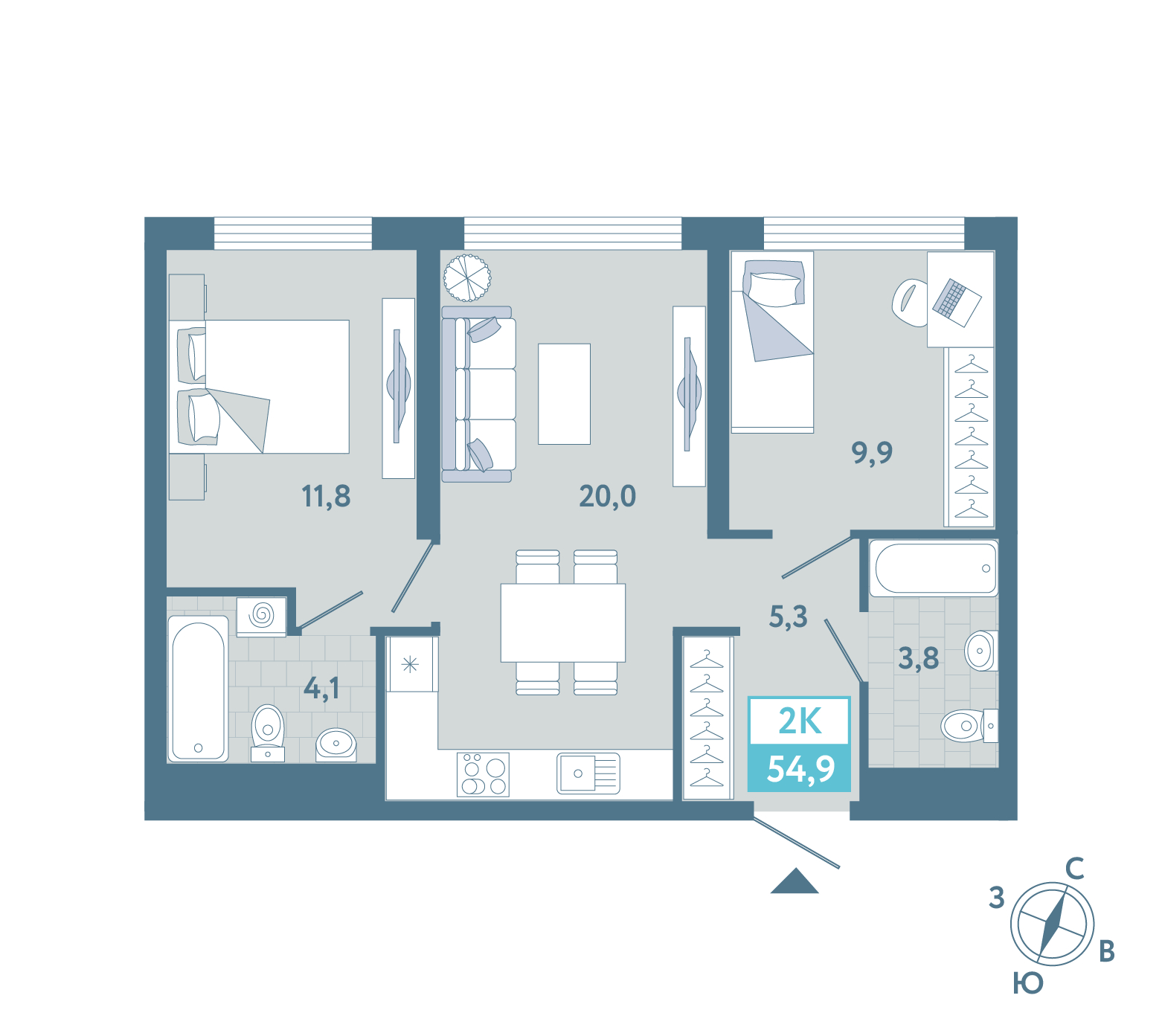 Планировка: Евротрешка 54.9 м² в ЖК AIRIS, Комарово Парк