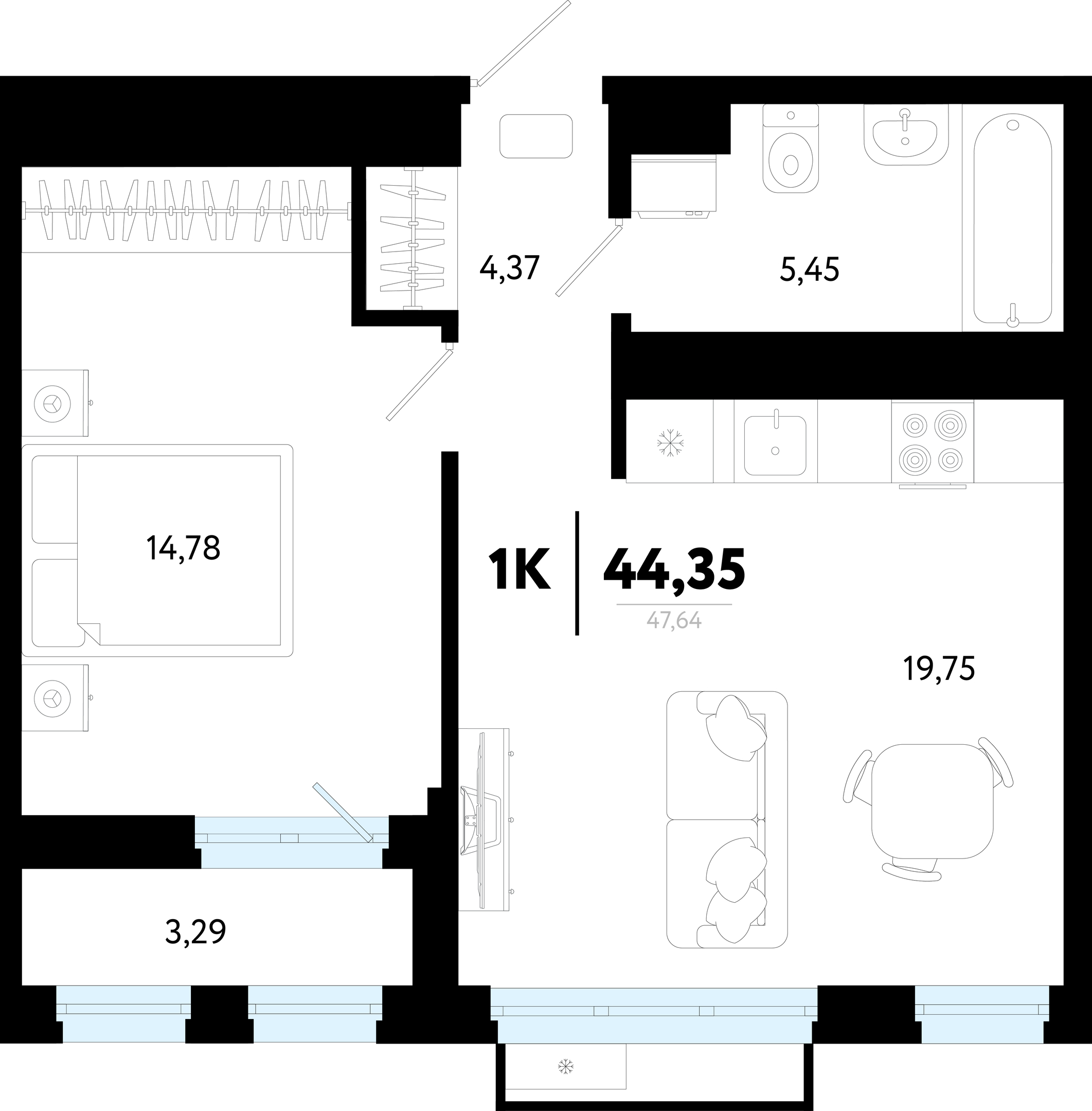 Планировка: Евродвушка 44.4 м² в ЖК Символ, Комарово Парк