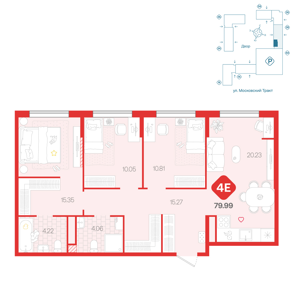 Планировка: 4-комнатная евро 80 м² в ЖК Сибирский, Московский тракт