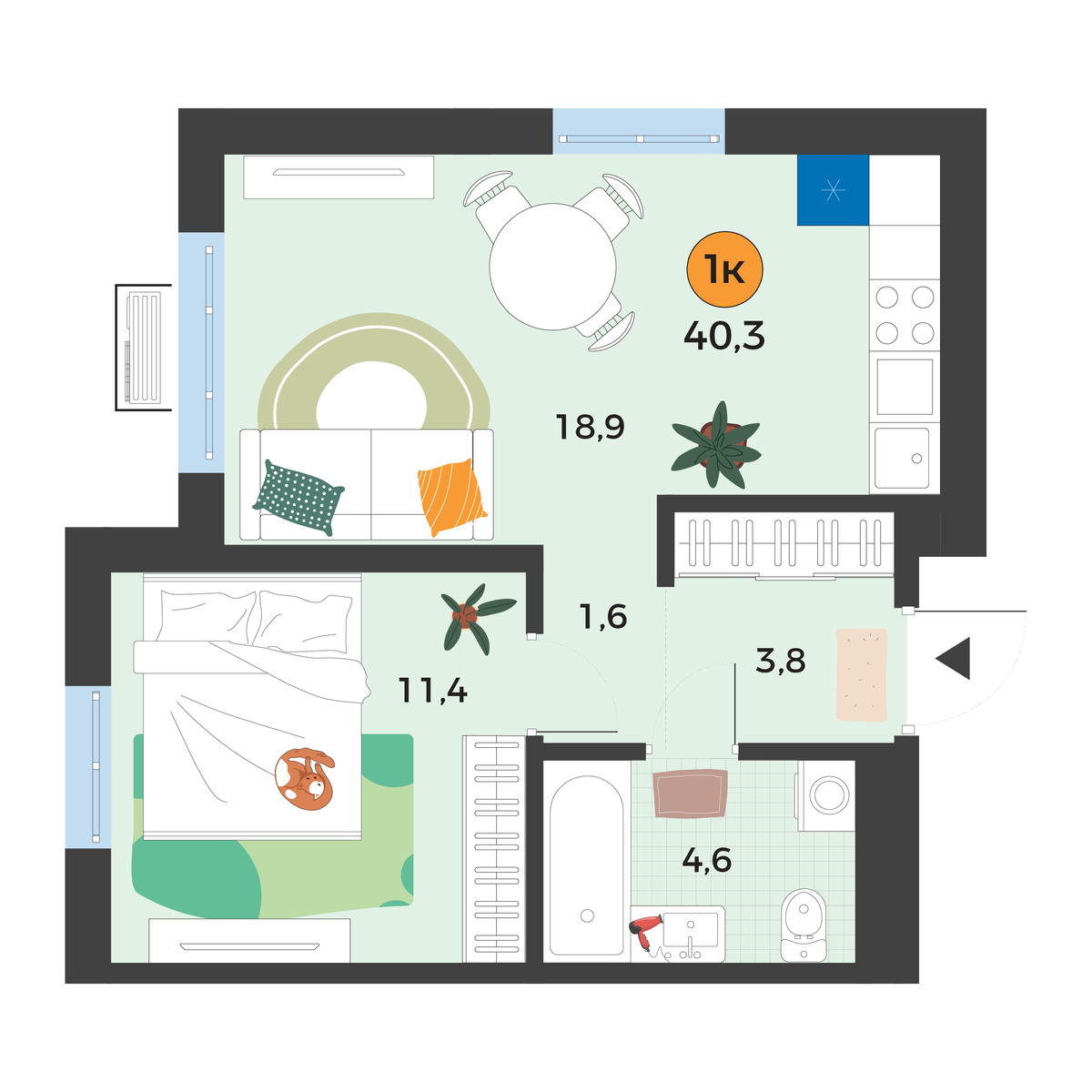 Планировка: Евродвушка 40.3 м² в ЖК Корней, Южный