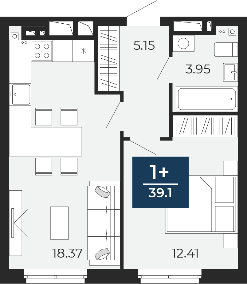 Планировка: Евродвушка 39.9 м² в ЖК Прео, Тюменская слобода