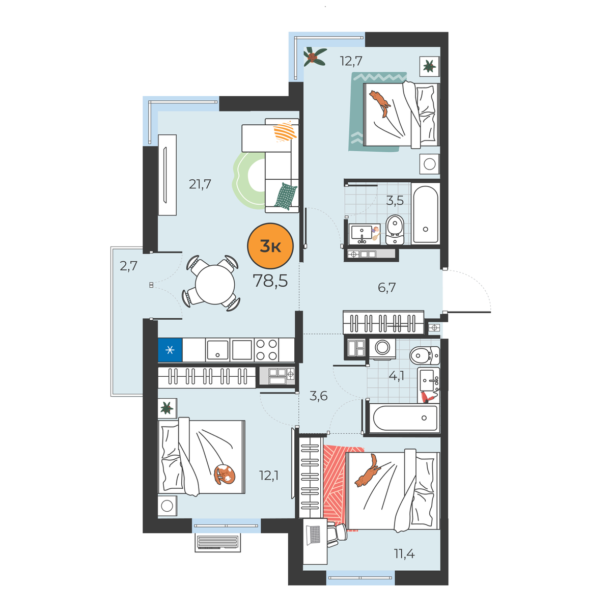 Планировка: 4-комнатная евро 75.8 м² в ЖК Корней, Южный