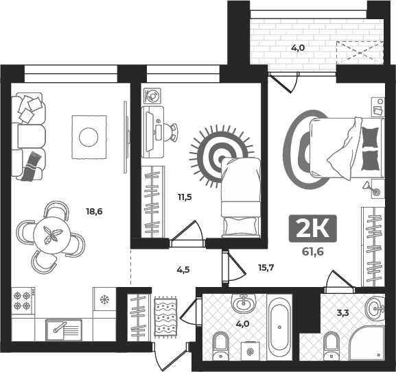 Планировка: Евротрешка 61.8 м² в ЖК Маэстро, 5-й Заречный