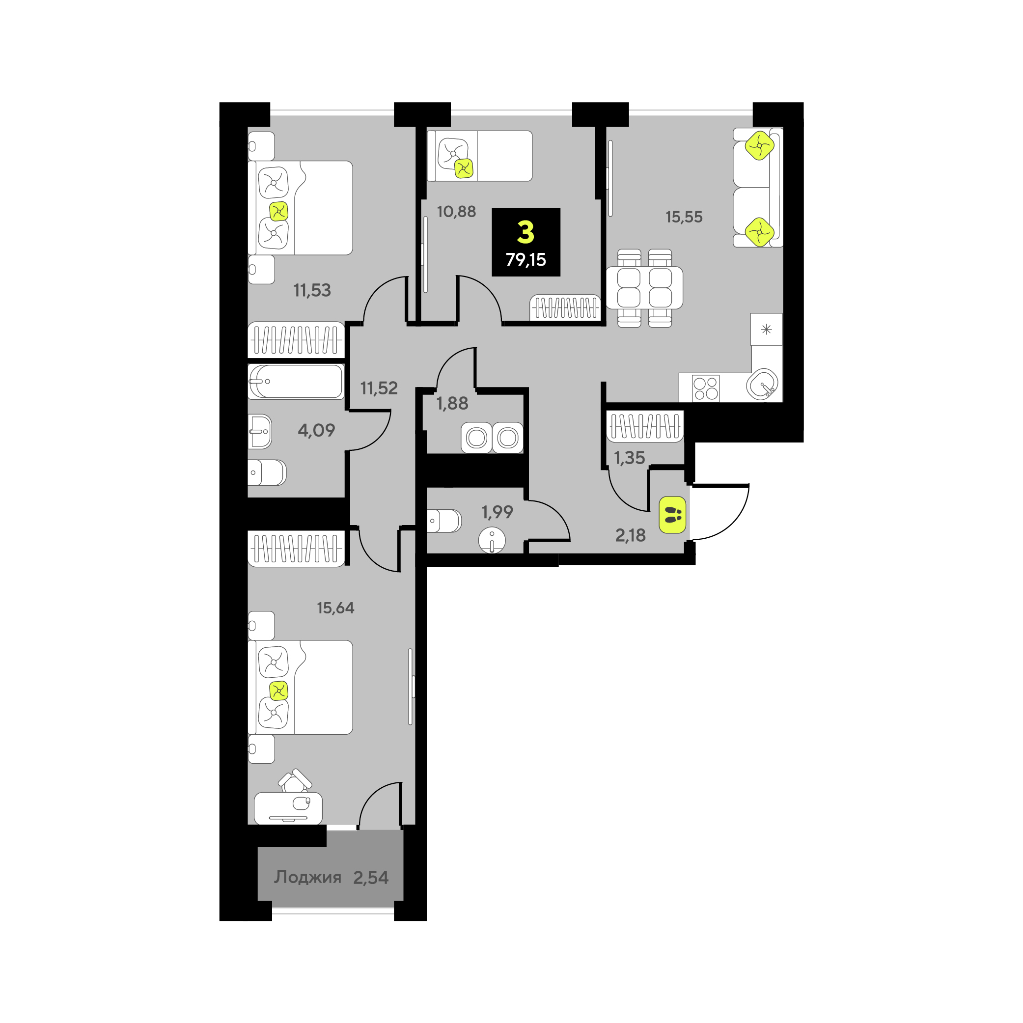 Планировка: 4-комнатная евро 79.2 м² в ЖК Мотивы, От Плеханова до Южного