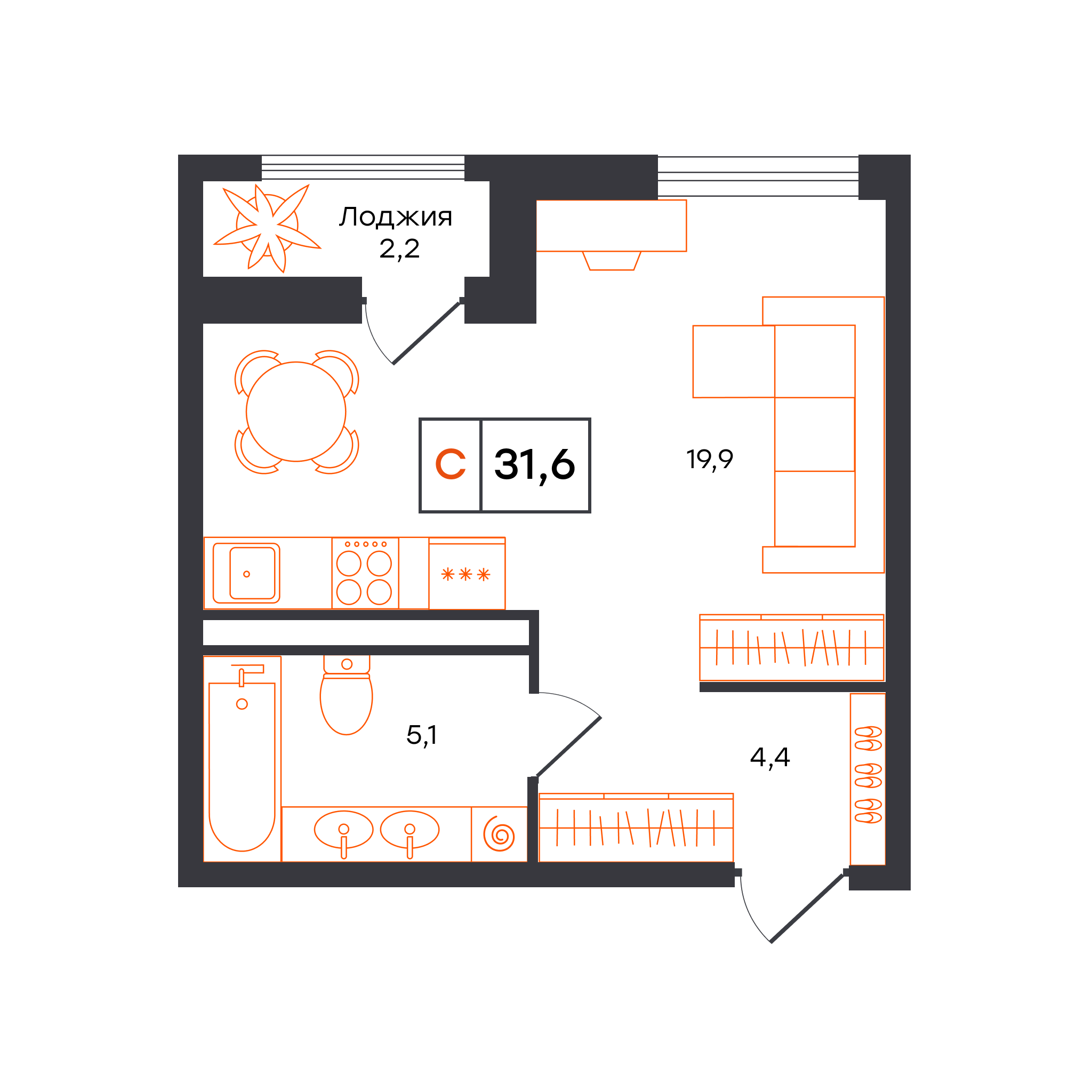 Планировка: Студия 31.6 м² в ЖК Чемпионский, Чемпионский