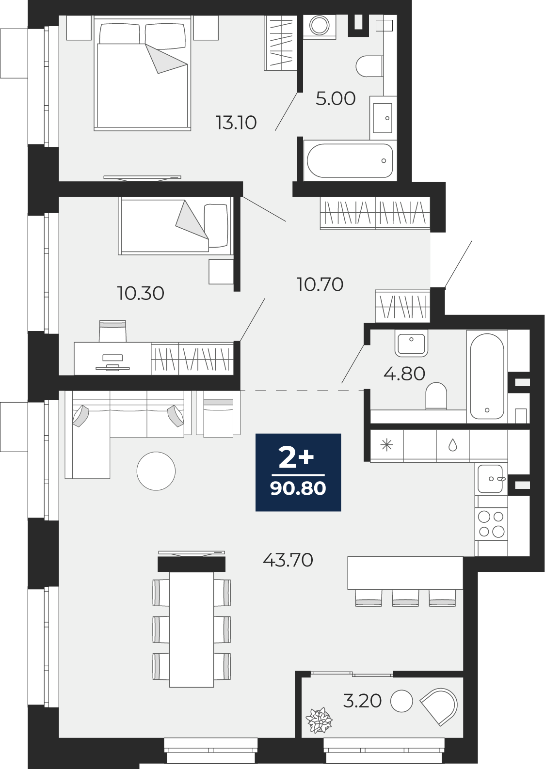 Планировка: Евротрешка 87.6 м² в ЖК Айвазовский, 5-й Заречный