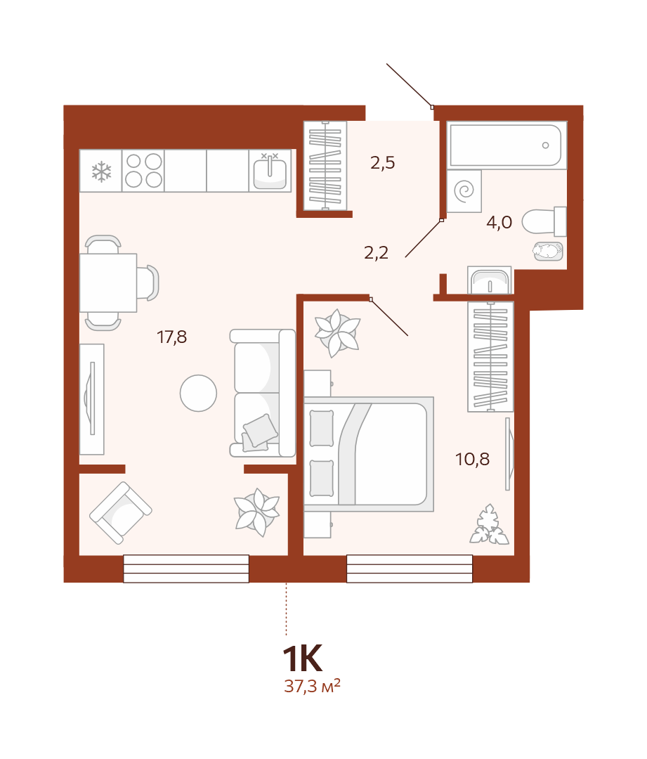 Планировка: Евродвушка 37.3 м² в ЖК Новатор, Центр: КПД