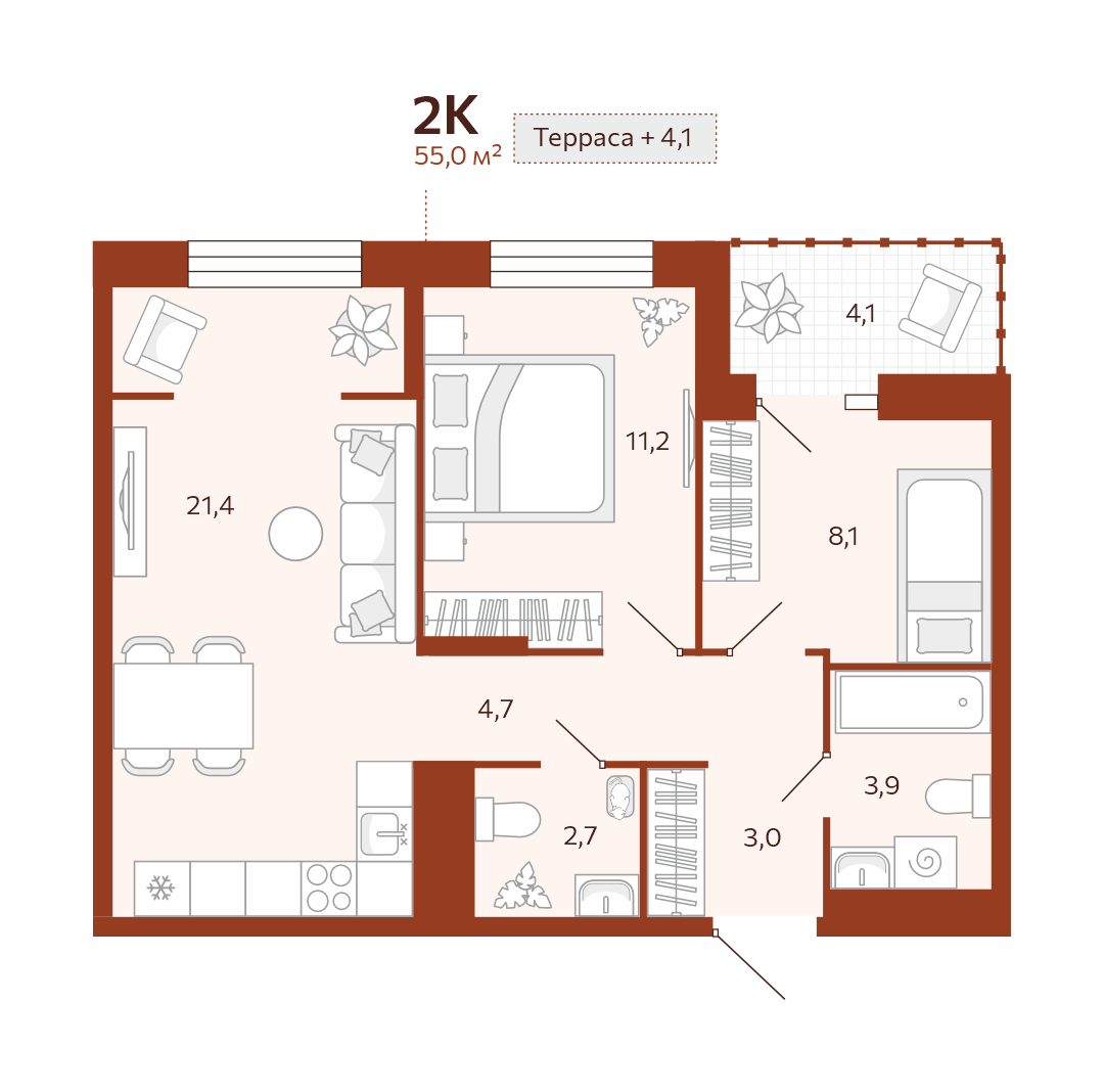 Планировка: Евротрешка 55 м² в ЖК Новатор, Центр: КПД